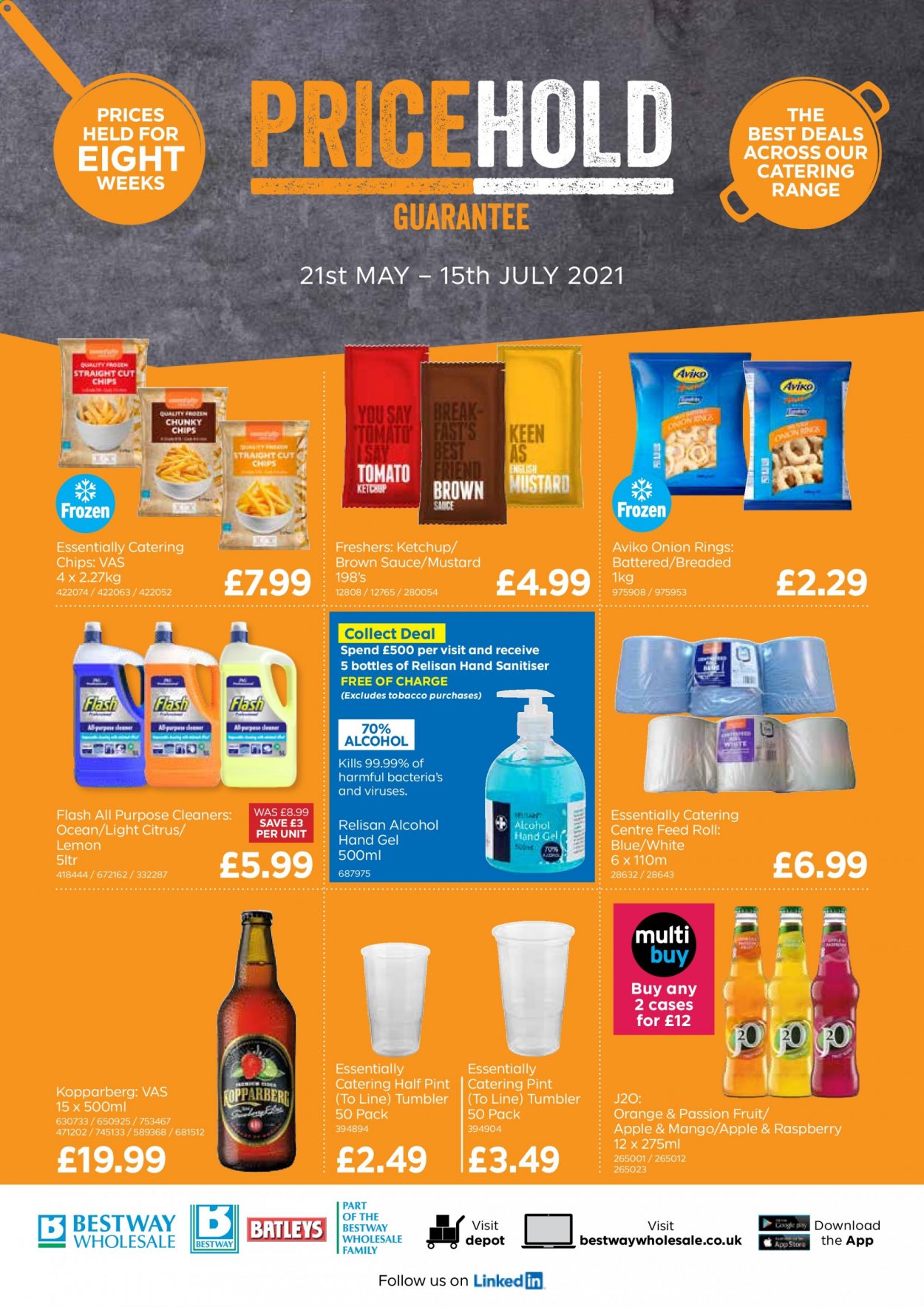 thumbnail - Bestway offer  - 21/05/2021 - 15/07/2021 - Sales products - Kopparberg, oranges, onion rings, sauce, frozen chips, mustard, ketchup, brown sauce, hand gel, tumbler. Page 1.