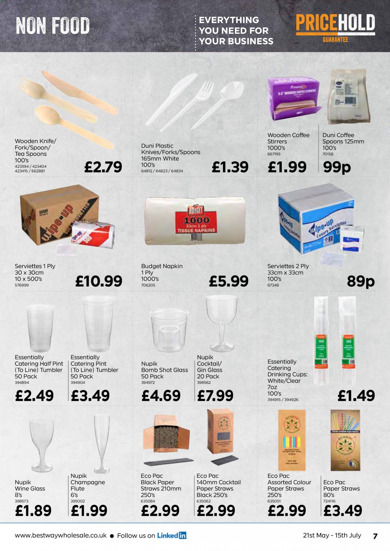 thumbnail - Bestway offer  - 21/05/2021 - 15/07/2021 - Sales products - tea, coffee, gin, napkins, tissues, fork, knife, spoon, tumbler, wine glass, champagne flute, cup, straw, paper. Page 7.
