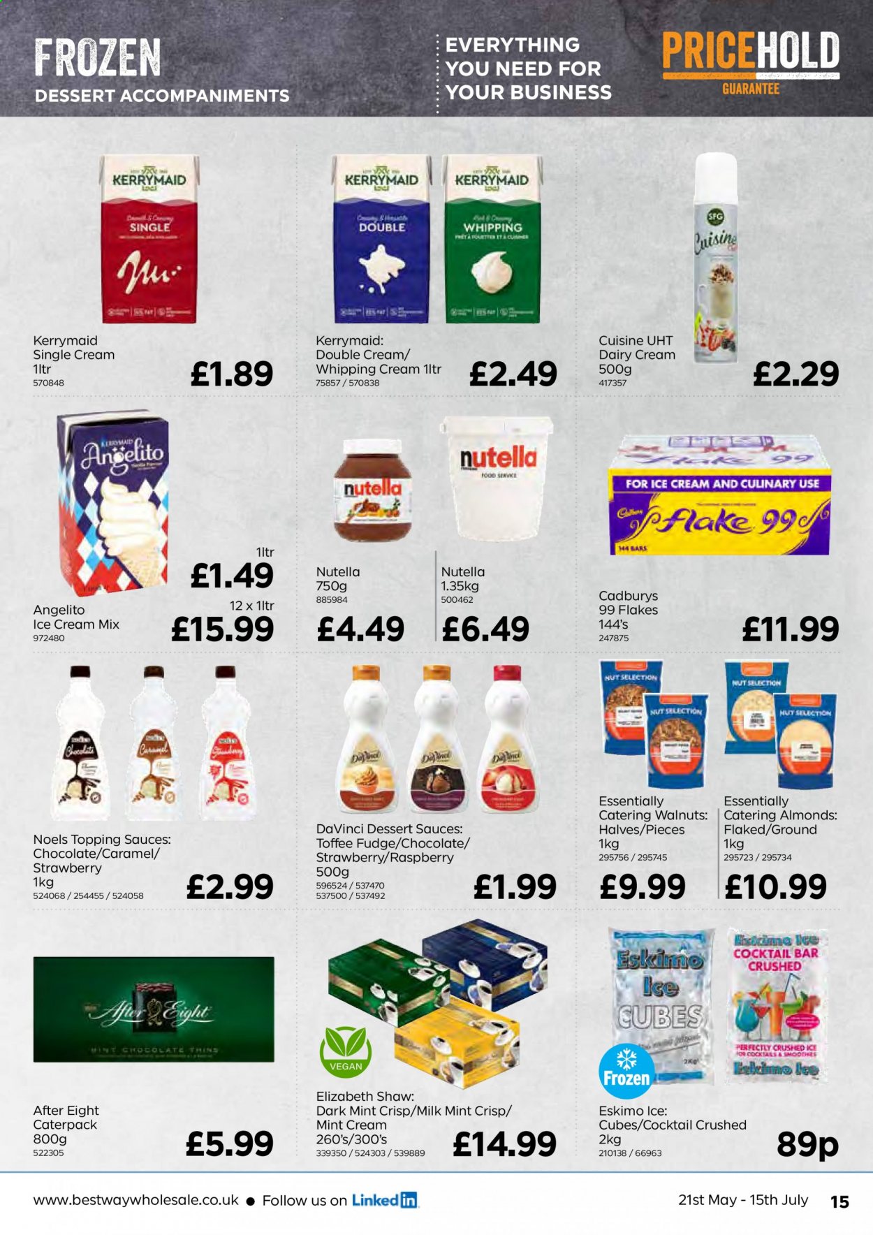 thumbnail - Bestway offer  - 21/05/2021 - 15/07/2021 - Sales products - milk, whipping cream, ice cream, fudge, Nutella, toffee, After Eight, Thins, topping, caramel, almonds, walnuts. Page 15.
