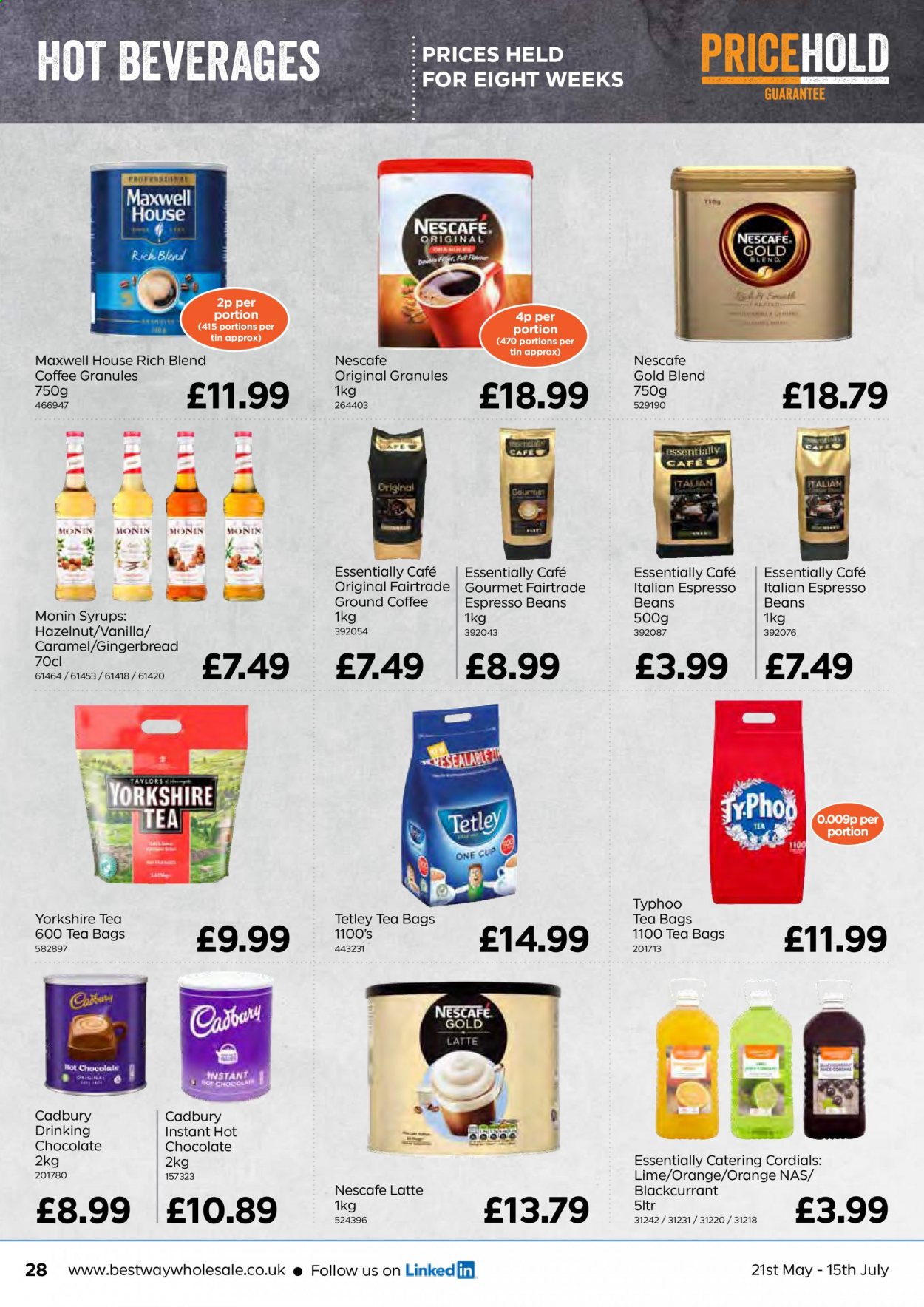 thumbnail - Bestway offer  - 21/05/2021 - 15/07/2021 - Sales products - oranges, gingerbread, Cadbury, hot chocolate, Maxwell House, tea bags, coffee, Nescafé, ground coffee, cup. Page 28.