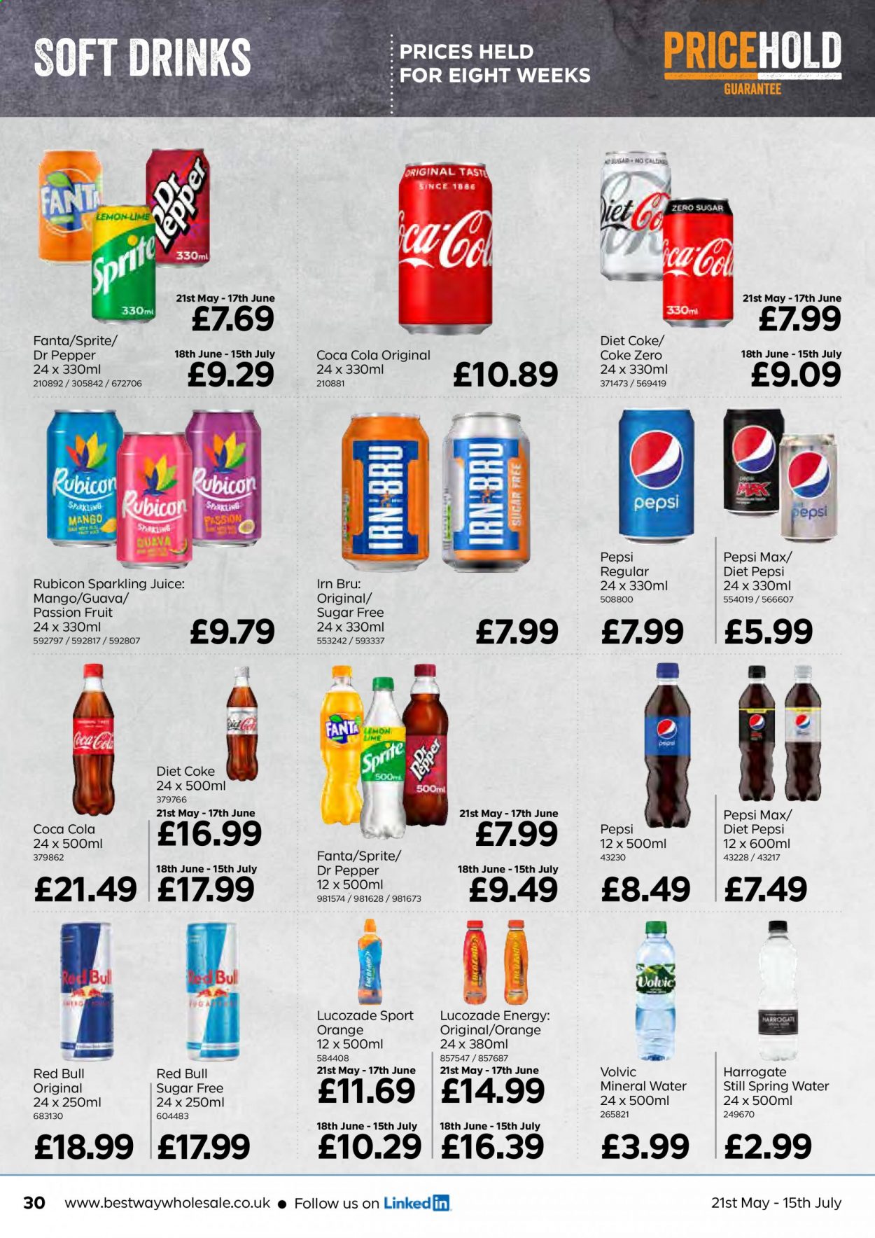 thumbnail - Bestway offer  - 21/05/2021 - 15/07/2021 - Sales products - guava, mango, Coca-Cola, Sprite, Pepsi, juice, Fanta, Pepsi Max, Coca-Cola zero, Dr. Pepper, Diet Pepsi, Diet Coke, soft drink, Red Bull, Lucozade, Volvic, sparkling juice, mineral water, spring water. Page 30.