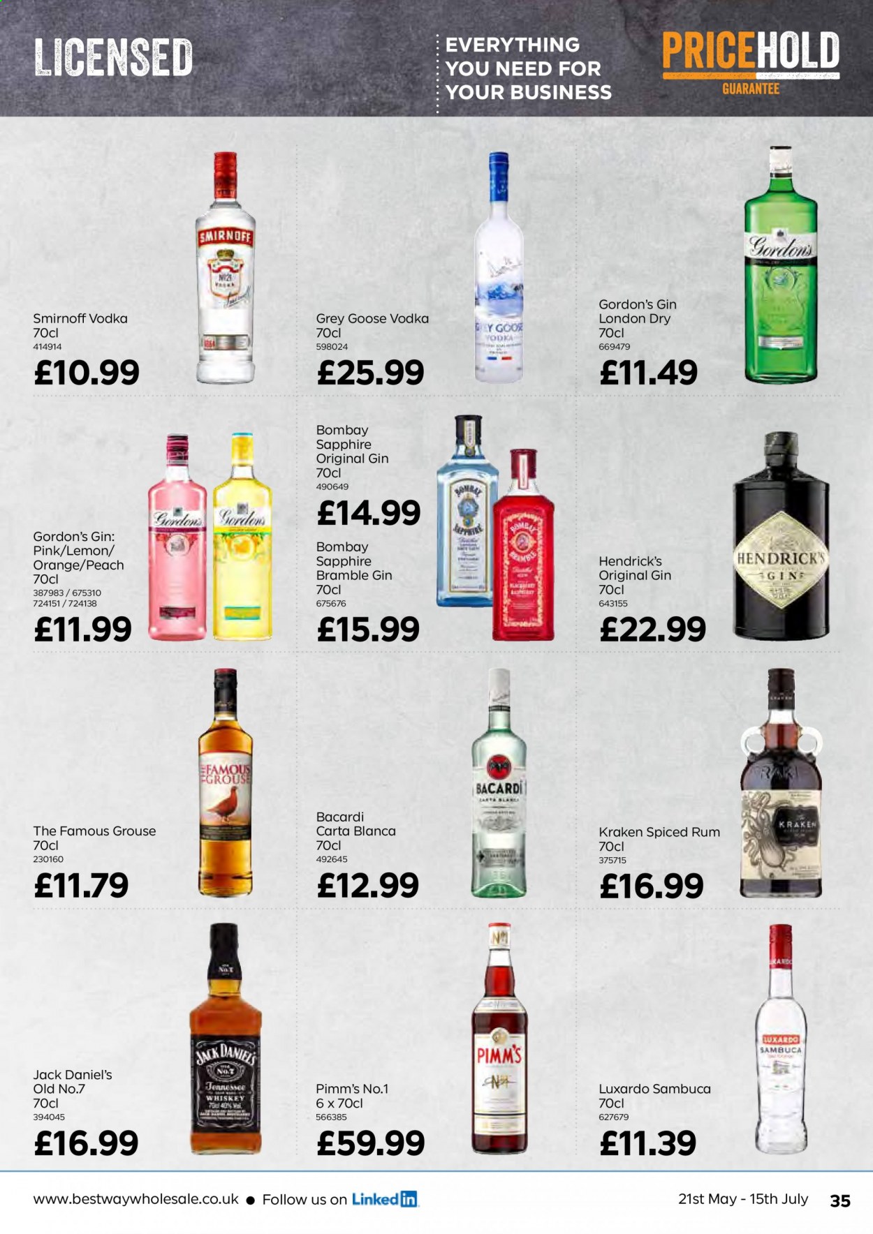 thumbnail - Bestway offer  - 21/05/2021 - 15/07/2021 - Sales products - Jack Daniel's, Bacardi, gin, Smirnoff, spiced rum, vodka, whiskey, Gordon's, rum, The Famous Grouse, Hendrick's, whisky. Page 35.