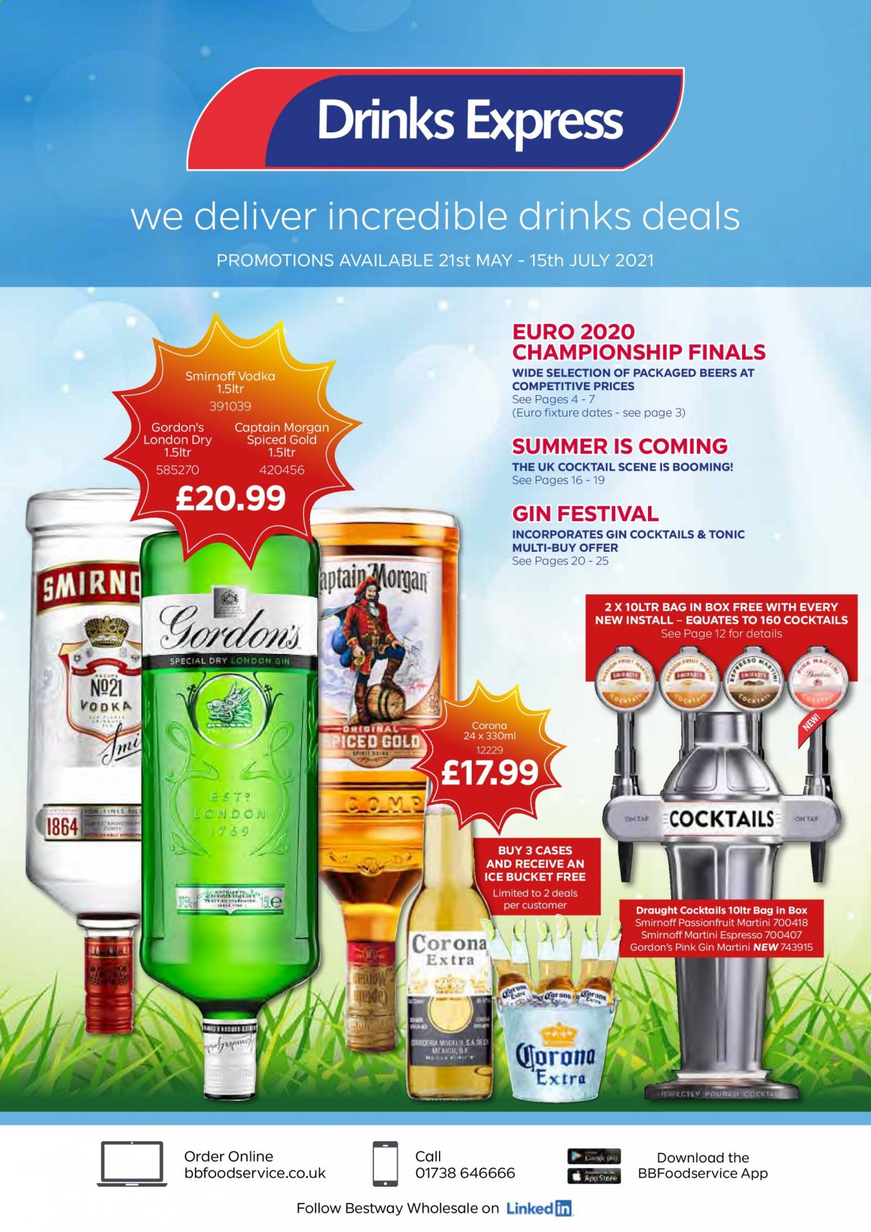 thumbnail - Bestway offer  - 21/05/2021 - 15/07/2021 - Sales products - Corona Extra, beer, tonic, Captain Morgan, gin, Smirnoff, vodka, Gordon's, Martini. Page 1.