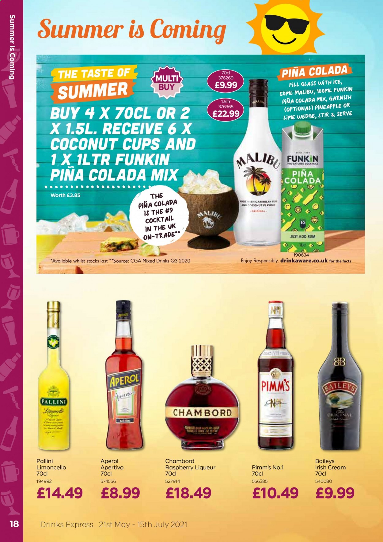 thumbnail - Bestway offer  - 21/05/2021 - 15/07/2021 - Sales products - coconut, Limoncello, liqueur, irish cream, Baileys, Aperol, rum, Malibu, cup. Page 18.