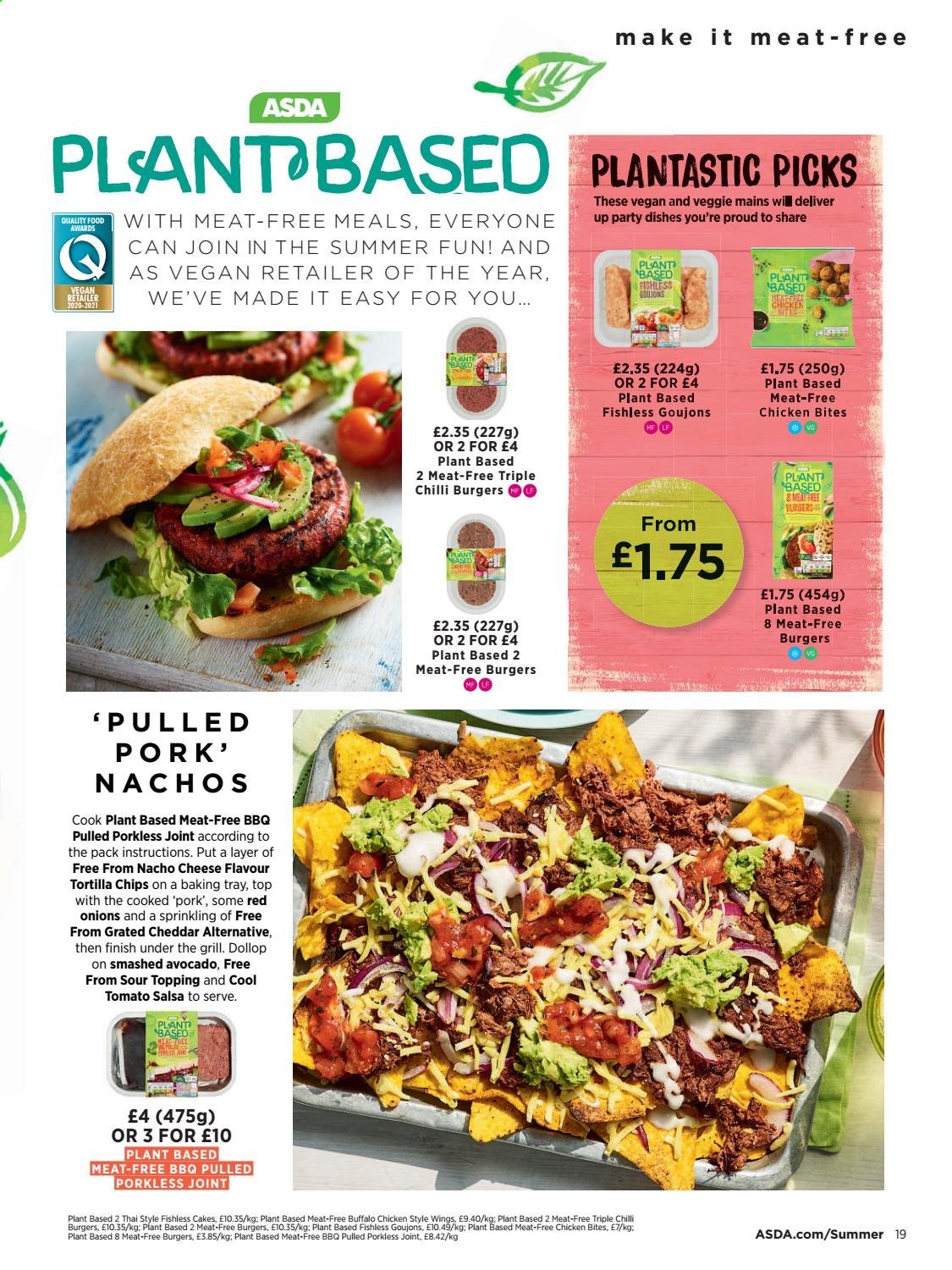 thumbnail - ASDA offer  - 24/05/2021 - 20/06/2021 - Sales products - red onions, onion, avocado, hamburger, pork meat, cake, pulled pork, cheese, chicken bites, tortilla chips, chips, topping, salsa, baking tray. Page 19.