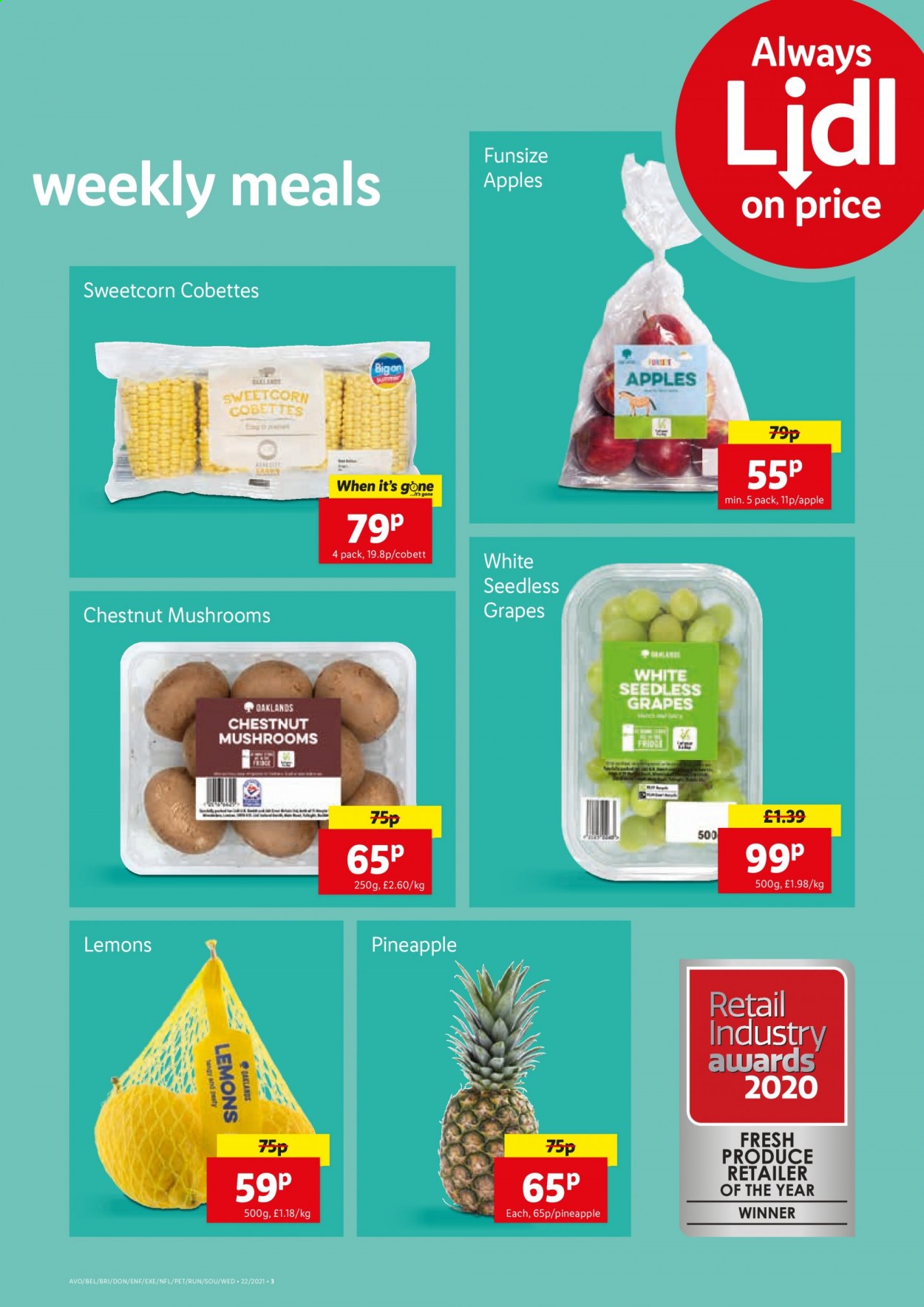 thumbnail - Lidl offer  - 03/06/2021 - 09/06/2021 - Sales products - mushrooms, grapes, seedless grapes, pineapple, lemons, apples. Page 3.