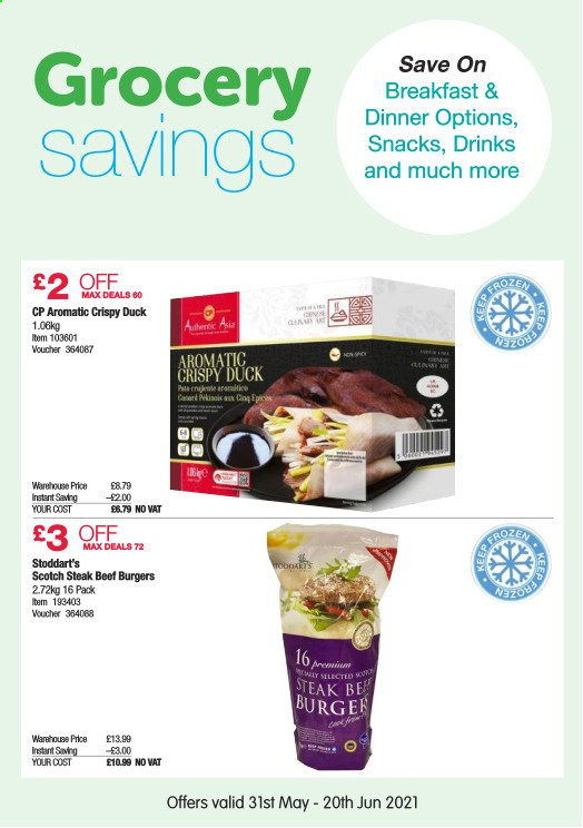 thumbnail - Costco offer  - 31/05/2021 - 20/06/2021 - Sales products - steak, hamburger, beef burger, crispy duck, snack. Page 12.