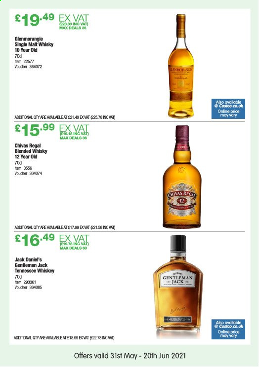 thumbnail - Costco offer  - 31/05/2021 - 20/06/2021 - Sales products - Jack Daniel's, Tennessee Whiskey, whiskey, Chivas Regal, whisky. Page 16.