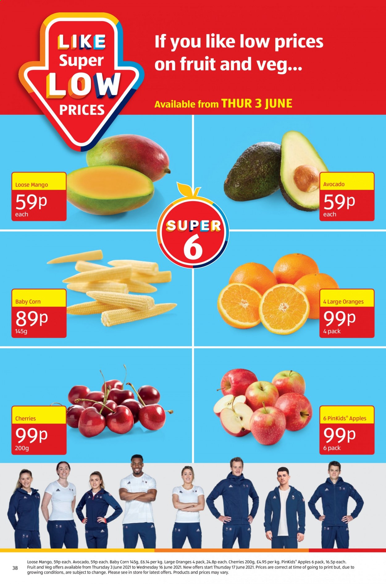 thumbnail - Aldi offer  - 30/05/2021 - 06/06/2021 - Sales products - corn, avocado, mango, cherries, oranges, apples. Page 38.