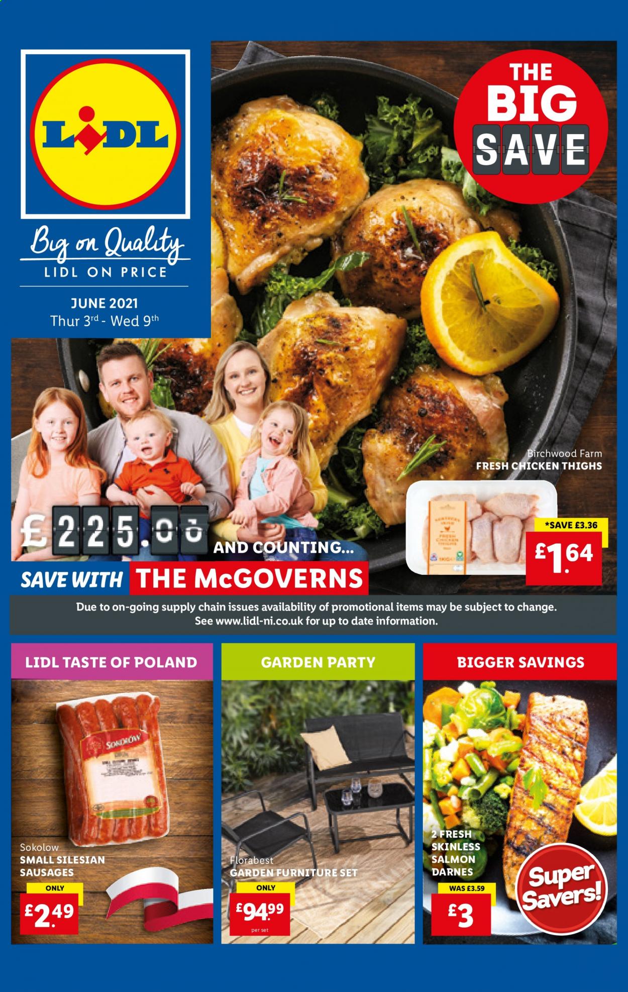 thumbnail - Lidl offer  - 03/06/2021 - 09/06/2021 - Sales products - Florabest, chicken thighs, chicken, salmon, sausage. Page 1.