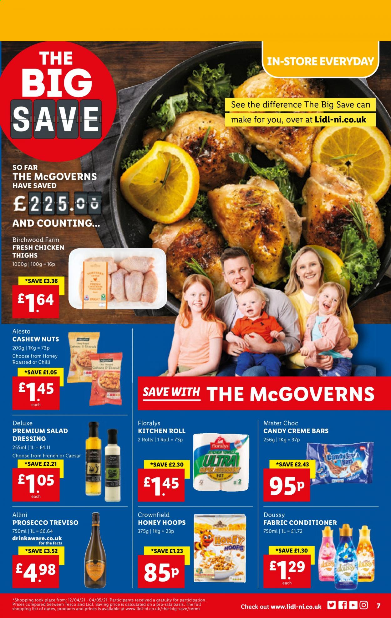 thumbnail - Lidl offer  - 03/06/2021 - 09/06/2021 - Sales products - salad, chicken thighs, chicken, dressing, honey, cashews, prosecco, kitchen rolls, Candy. Page 7.