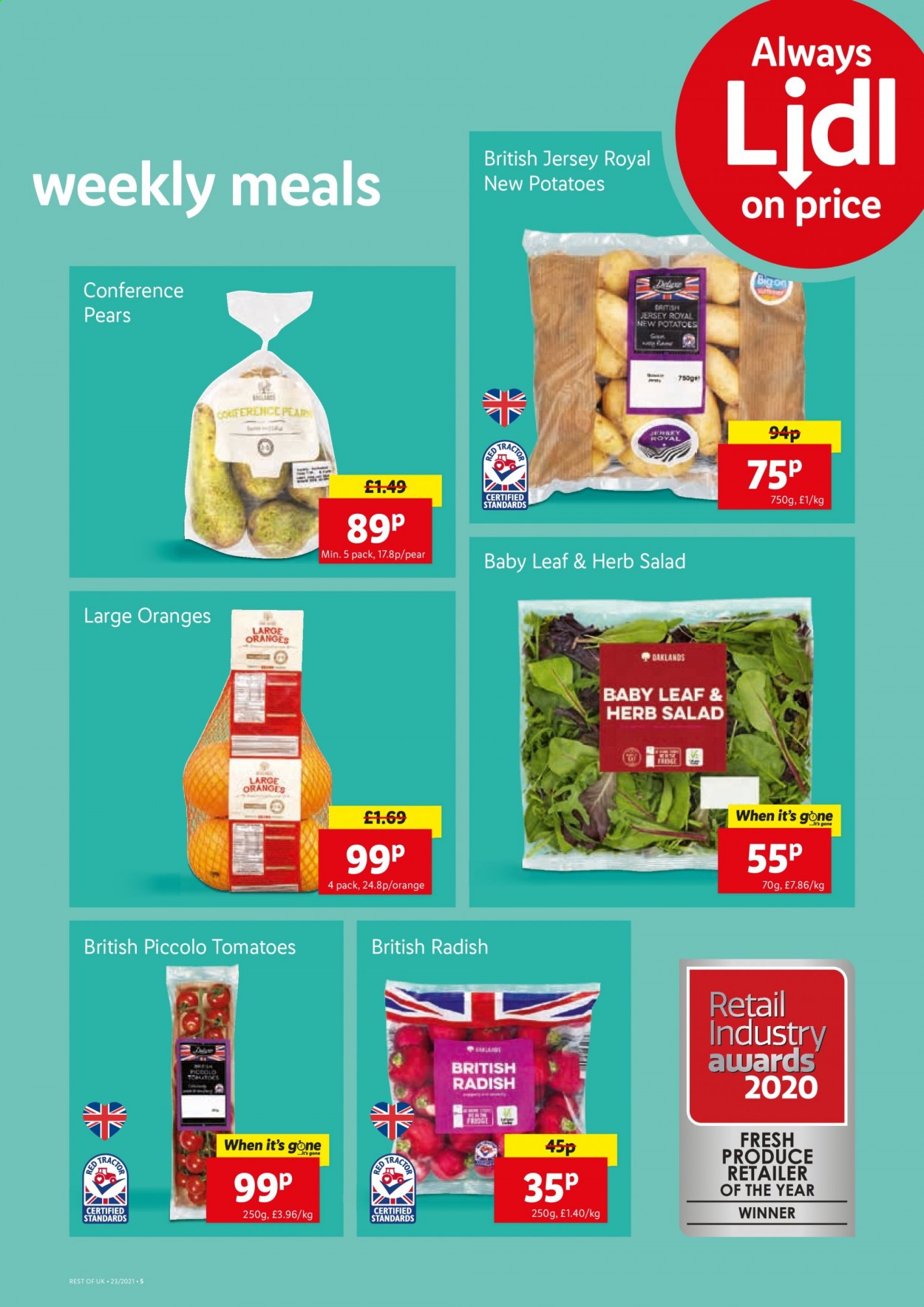 thumbnail - Lidl offer  - 10/06/2021 - 16/06/2021 - Sales products - radishes, tomatoes, potatoes, salad, pears, oranges, jersey. Page 5.