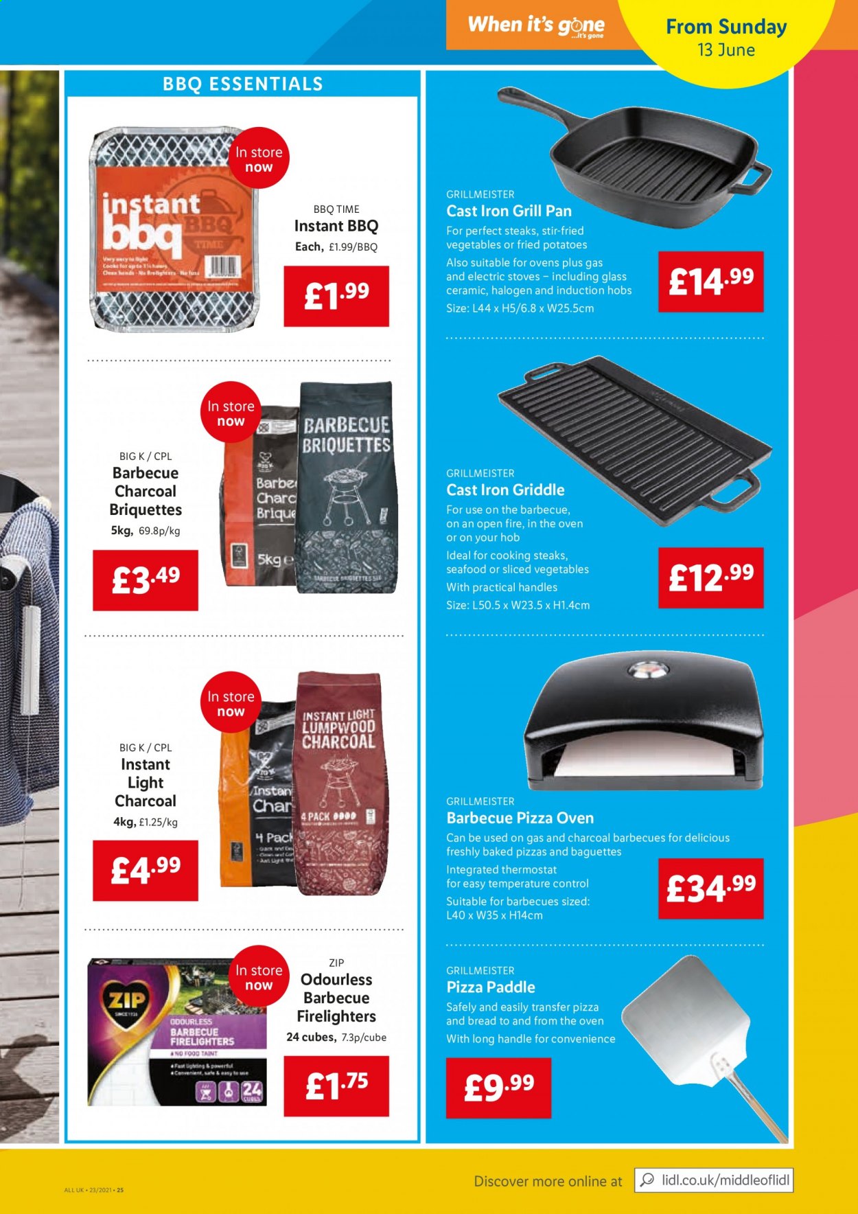 thumbnail - Lidl offer  - 10/06/2021 - 16/06/2021 - Sales products - potatoes, steak, baguette, seafood, pizza, pan, grill pan, grill, briquettes, firelighter, charcoal. Page 13.