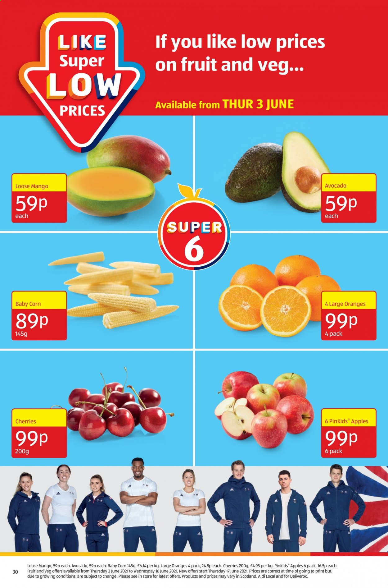 thumbnail - Aldi offer  - 06/06/2021 - 13/06/2021 - Sales products - corn, avocado, mango, cherries, oranges, apples. Page 30.