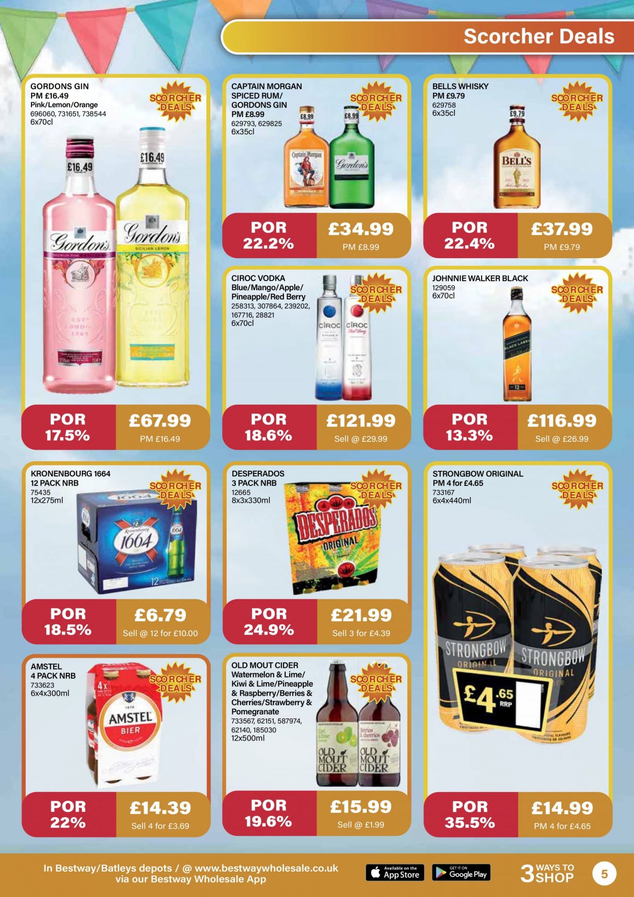 thumbnail - Bestway offer  - 21/05/2021 - 15/07/2021 - Sales products - Desperados, kiwi, mango, watermelon, pomegranate, oranges, Captain Morgan, gin, spiced rum, vodka, Johnnie Walker, Gordon's, rum, Cîroc, whisky, cider. Page 5.