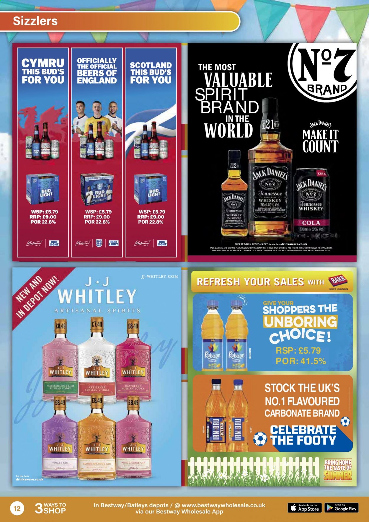 thumbnail - Bestway offer  - 21/05/2021 - 15/07/2021 - Sales products - Budweiser, Bud Light, beer, watermelon, cherries, Jack Daniel's, wine, gin, vodka, whiskey, whisky, XTRA. Page 12.
