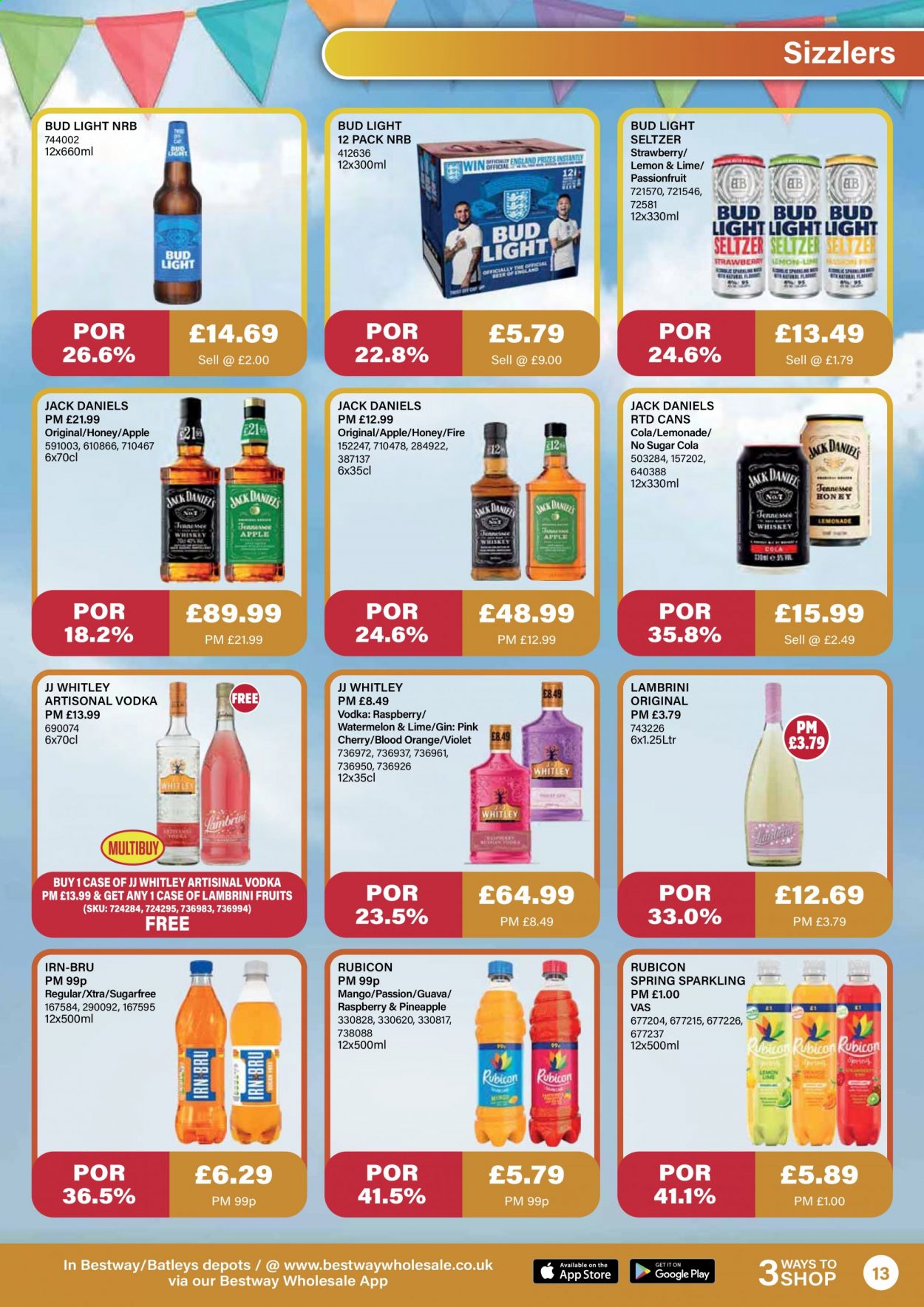 thumbnail - Bestway offer  - 21/05/2021 - 15/07/2021 - Sales products - Bud Light, beer, guava, mango, watermelon, pineapple, Jack Daniel's, lemonade, seltzer water, gin, vodka, whiskey, whisky, XTRA. Page 13.