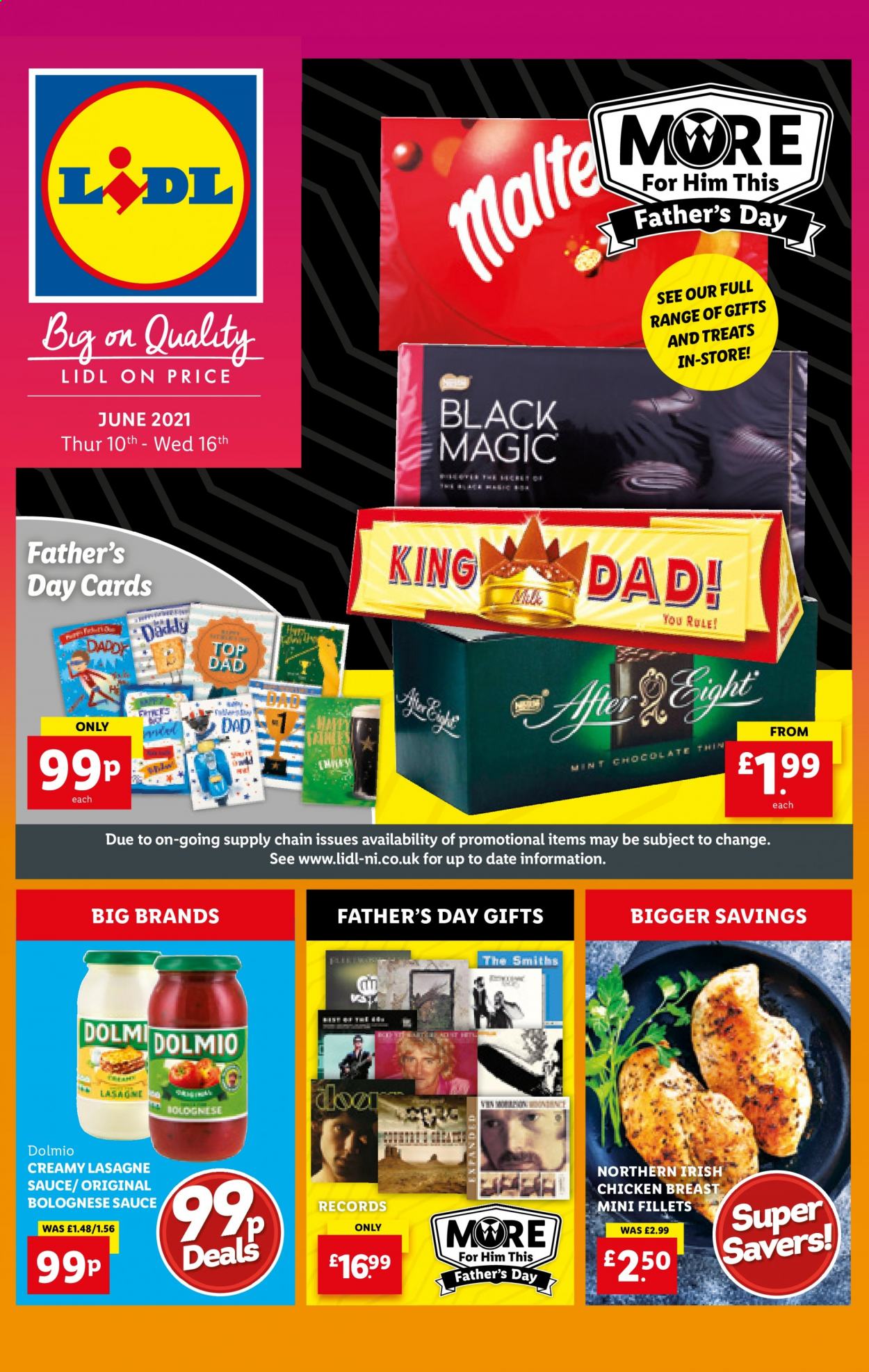 thumbnail - Lidl offer  - 10/06/2021 - 16/06/2021 - Sales products - chicken breasts, chicken, sauce, bolognese sauce, lasagna meal, chocolate. Page 1.