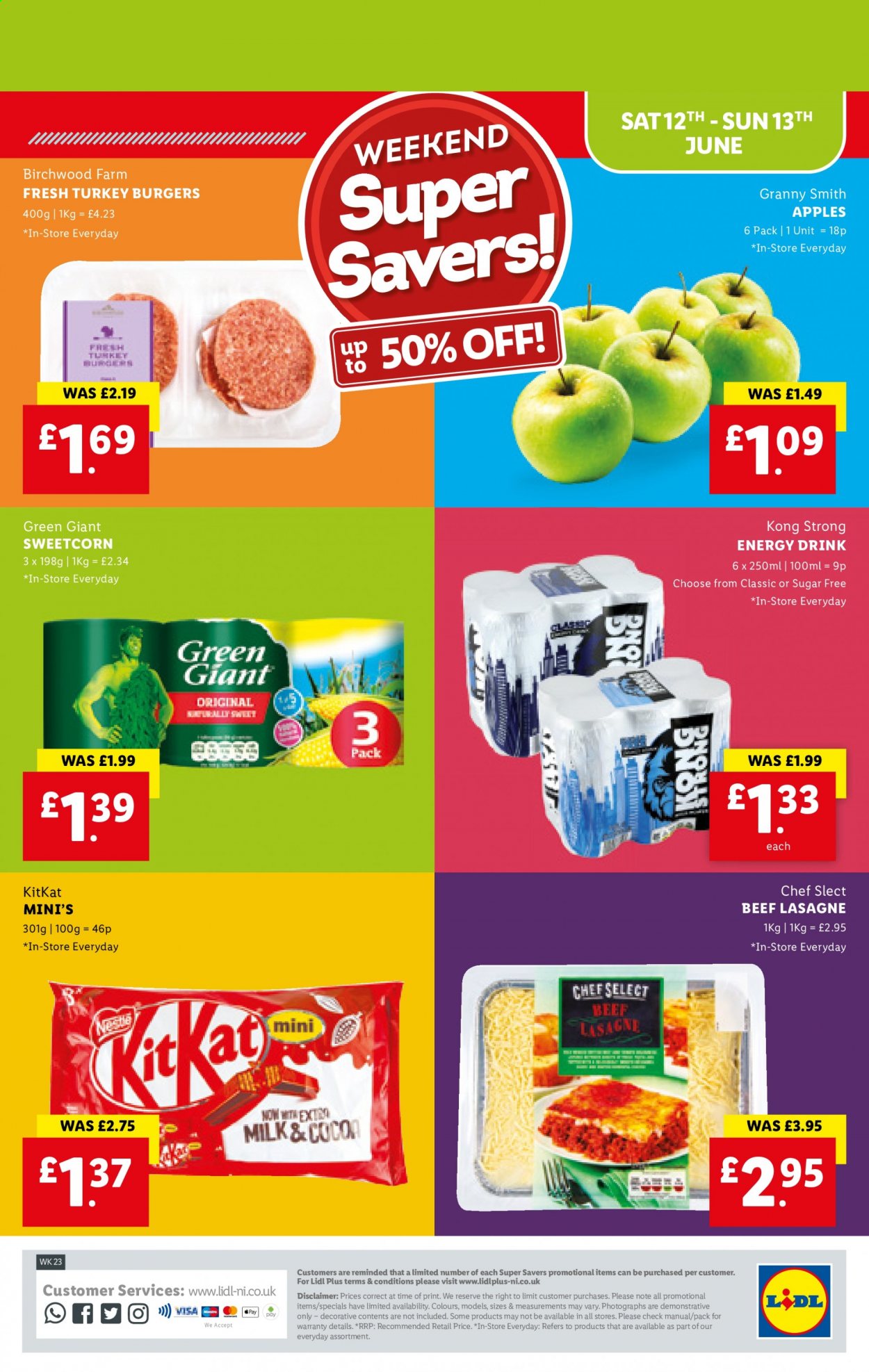thumbnail - Lidl offer  - 10/06/2021 - 16/06/2021 - Sales products - apples, Granny Smith, hamburger, turkey burger, lasagna meal, milk, Nestlé, KitKat, energy drink. Page 28.