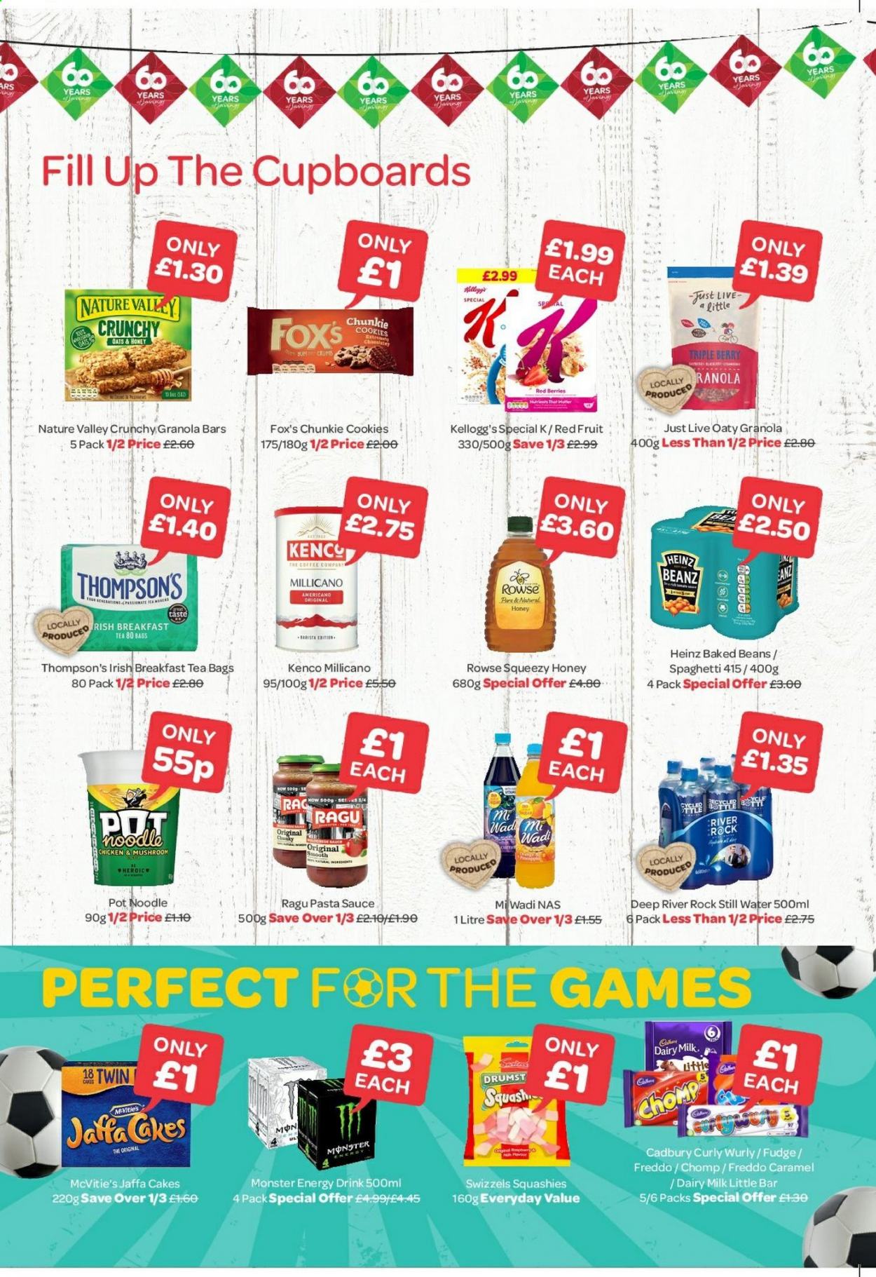 thumbnail - SPAR offer  - 07/06/2021 - 27/06/2021 - Sales products - cake, spaghetti, pasta sauce, noodles, ragú pasta, cookies, fudge, Cadbury, Kellogg's, Dairy Milk, Swizzels, Heinz, baked beans, granola bar, Nature Valley, caramel, ragu, energy drink, Monster Energy, Monster, mineral water, bottled water, tea bags, coffee, pot, Thompson's. Page 2.