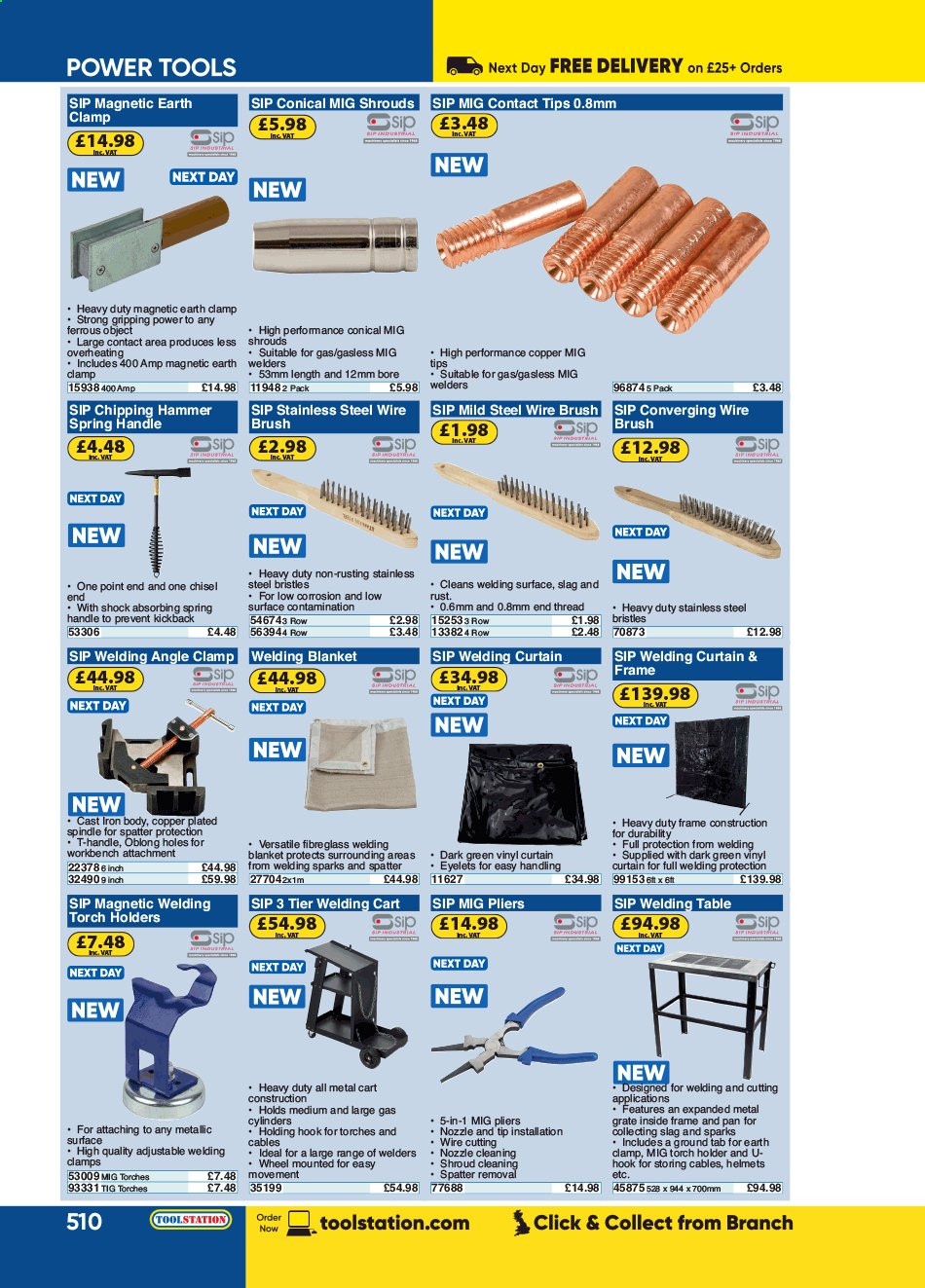 thumbnail - Toolstation offer  - Sales products - holder, brush, hammer, pliers, wire brush, blanket, torch holder, cart. Page 510.