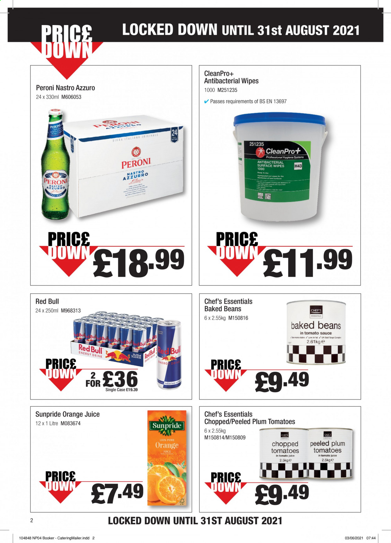 thumbnail - Makro offer  - 08/06/2021 - 06/07/2021 - Sales products - Peroni, beans, tomatoes, salt, baked beans, chopped tomatoes, tomato juice, orange juice, energy drink, Red Bull, L'Or, wipes, Target. Page 2.