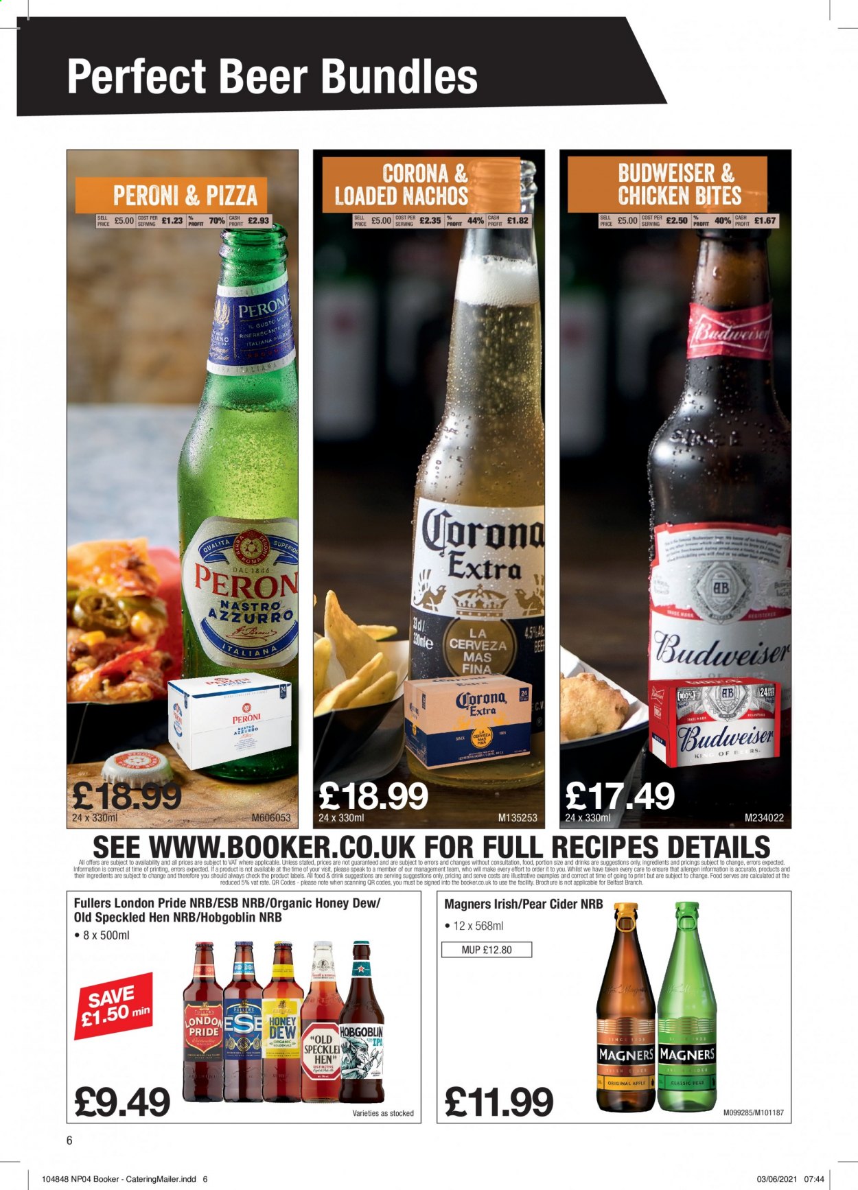 thumbnail - Makro offer  - 08/06/2021 - 06/07/2021 - Sales products - Budweiser, Corona Extra, beer, Peroni, pears, pizza, chicken bites, cider. Page 6.