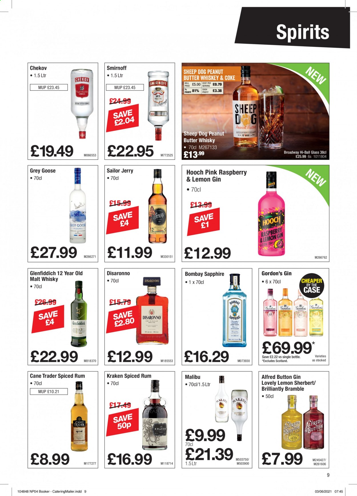 Makro offer  - 8.6.2021 - 6.7.2021 - Sales products - peanut butter, gin, Smirnoff, spiced rum, whiskey, Gordon's, rum, Malibu, Glenfiddich, whisky. Page 9.