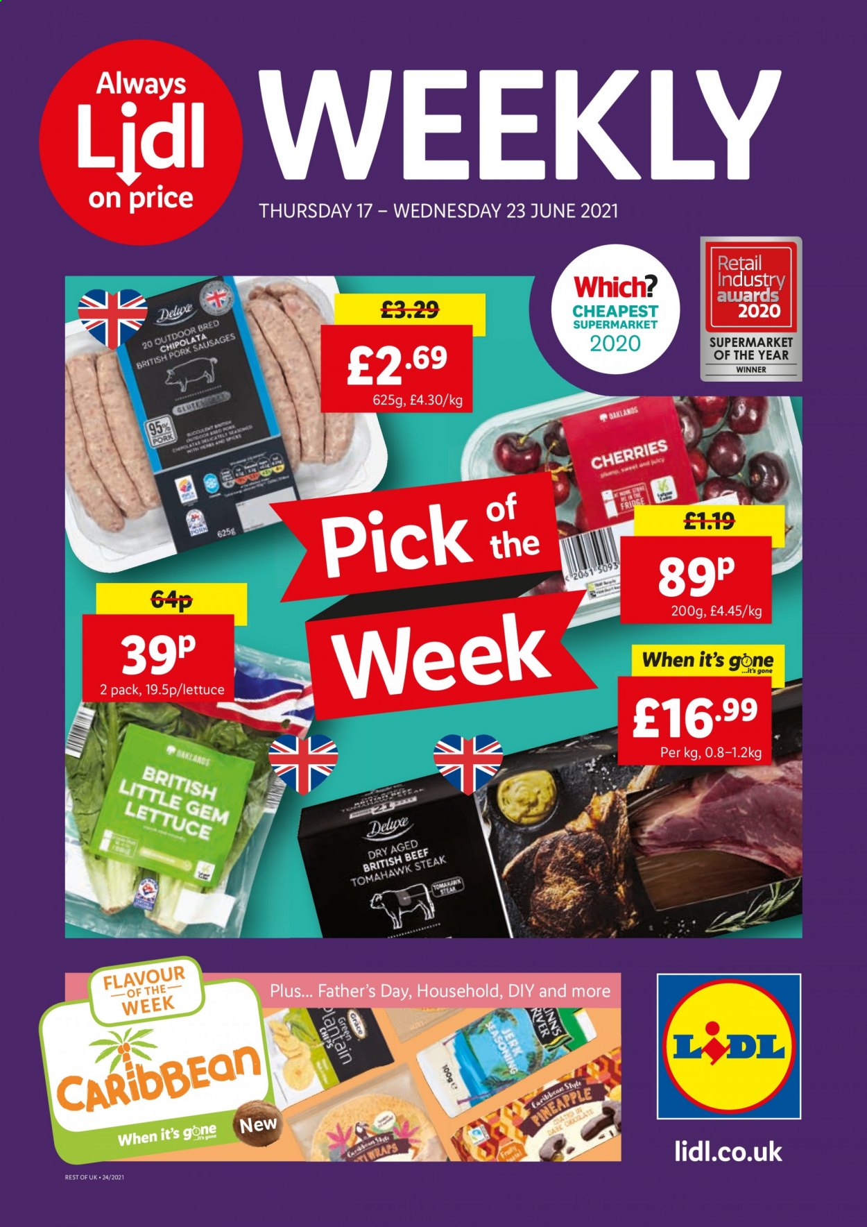 thumbnail - Lidl offer  - 17/06/2021 - 23/06/2021 - Sales products - lettuce, pineapple, cherries, beef meat, steak, tomahawk steak, wraps, sausage, spice. Page 1.