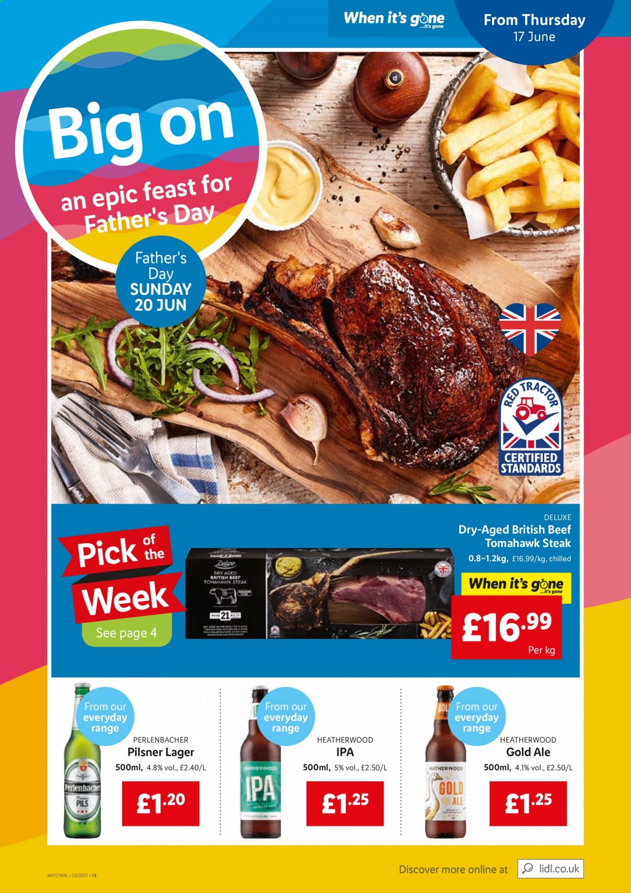 thumbnail - Lidl offer  - 17/06/2021 - 23/06/2021 - Sales products - Perlenbacher, beer, Sol, Lager, IPA, beef meat, steak, tomahawk steak. Page 13.
