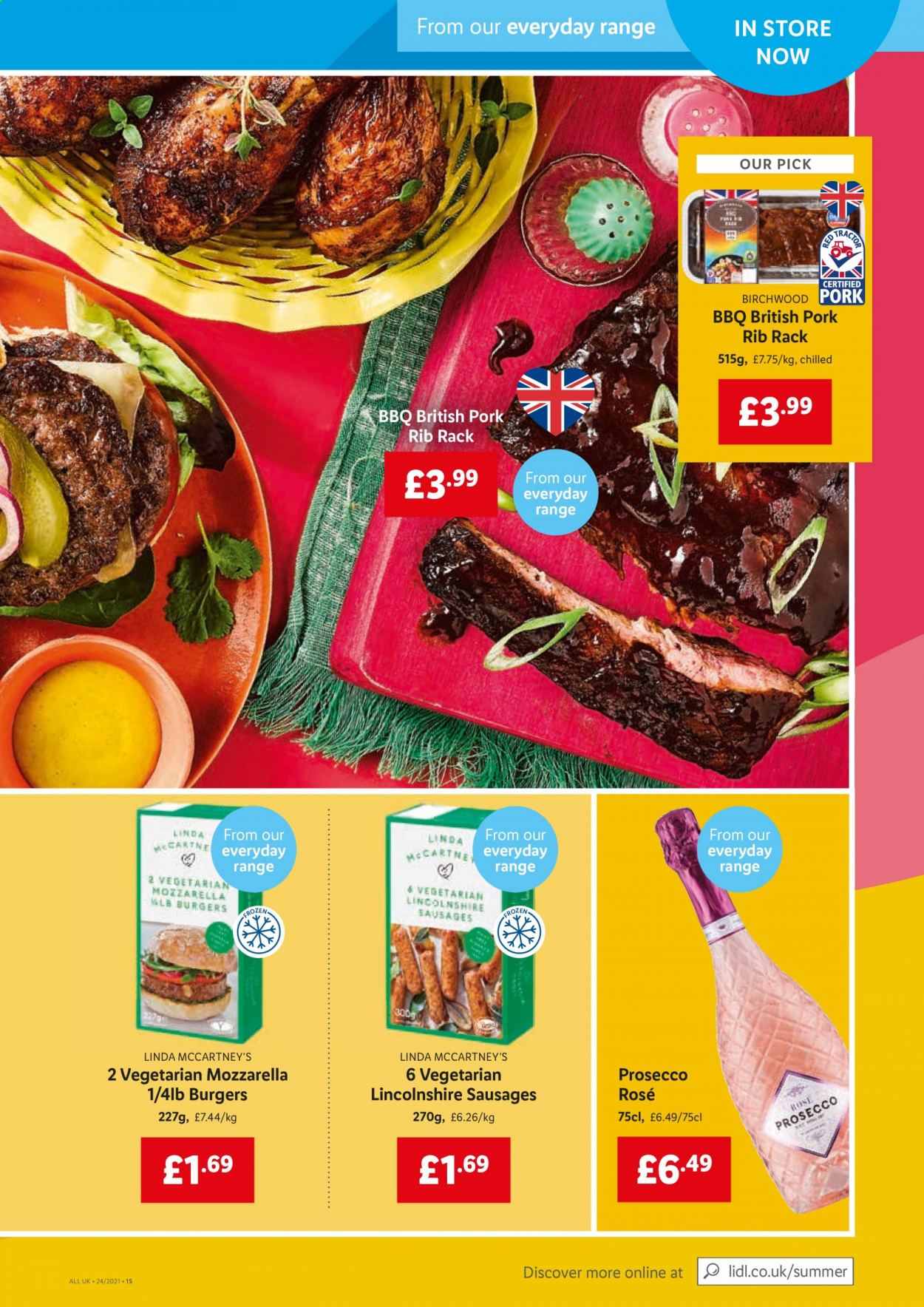 thumbnail - Lidl offer  - 17/06/2021 - 23/06/2021 - Sales products - hamburger, sausage, mozzarella, prosecco, wine, rosé wine. Page 15.