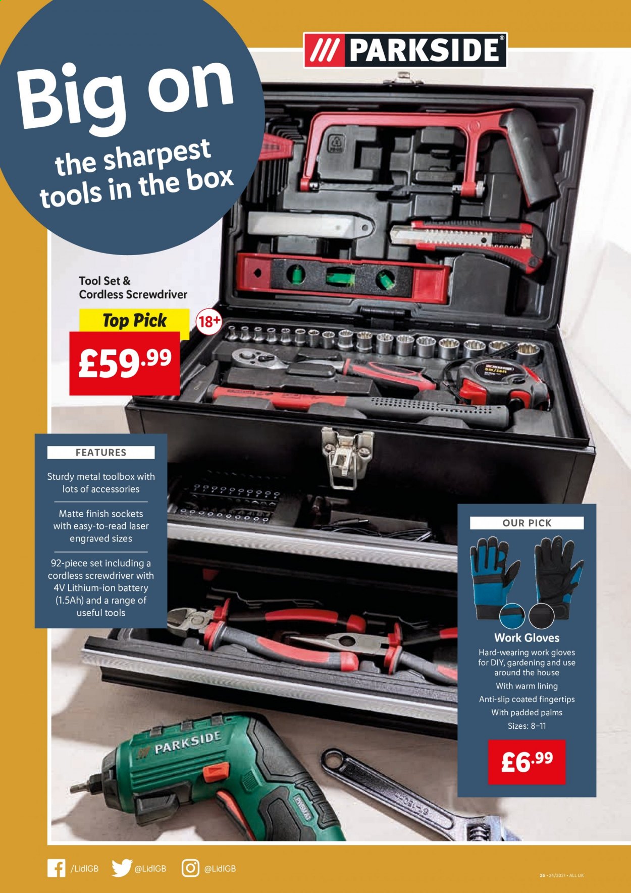 thumbnail - Lidl offer  - 17/06/2021 - 23/06/2021 - Sales products - gloves, Parkside, socket, screwdriver, tool box, tool set, work gloves. Page 26.