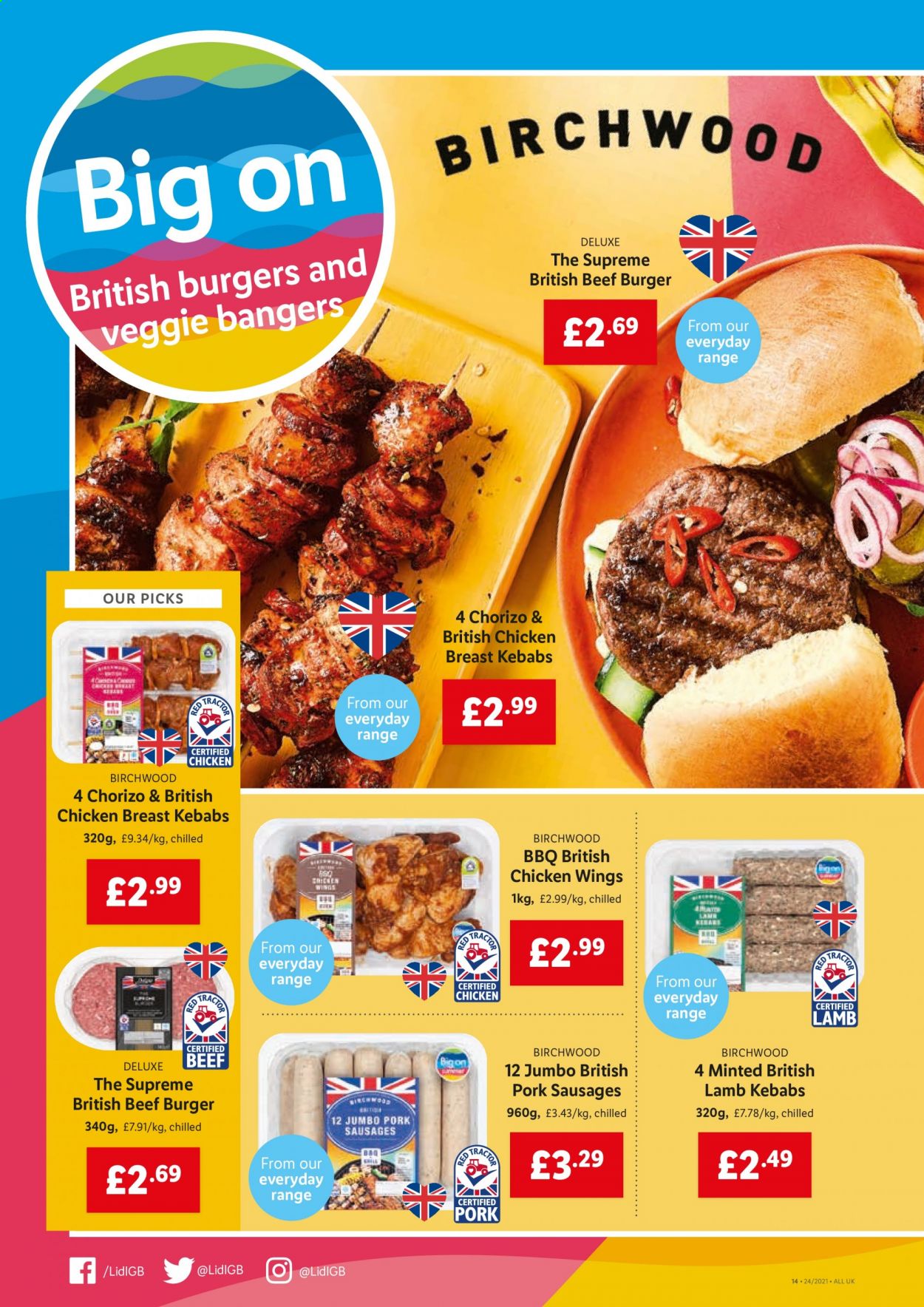 thumbnail - Lidl offer  - 17/06/2021 - 23/06/2021 - Sales products - chicken breasts, chicken wings, chicken, hamburger, beef burger, chorizo, sausage, bangers. Page 12.