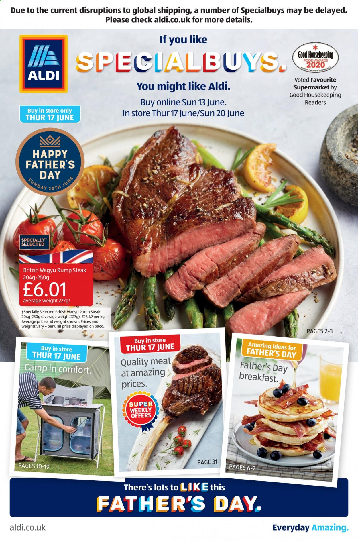 thumbnail - Aldi offer  - 13/06/2021 - 20/06/2021 - Sales products - beef meat, steak, rump steak. Page 1.