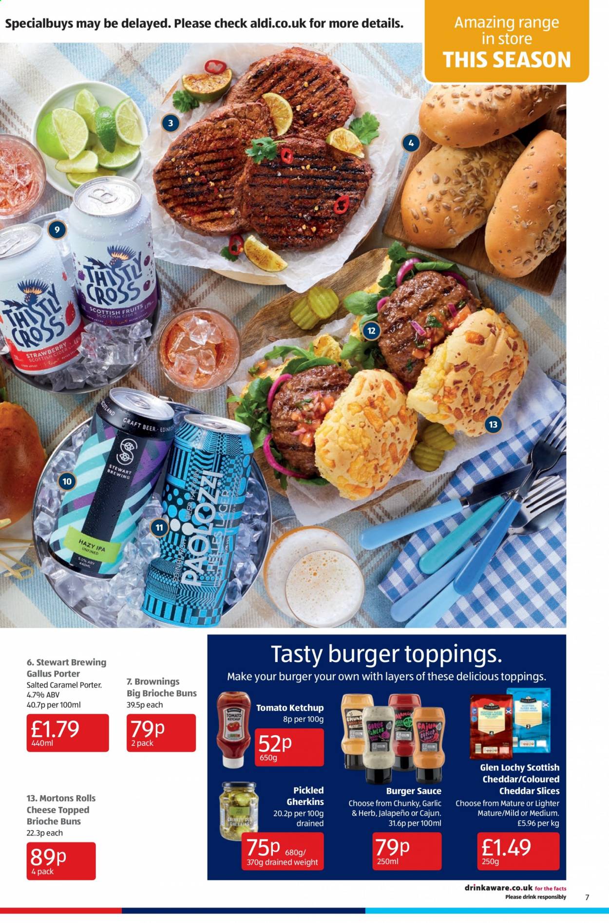 thumbnail - Aldi offer  - 13/06/2021 - 20/06/2021 - Sales products - beer, IPA, jalapeño, buns, brioche, sauce, cheddar, cheese, ketchup, cider. Page 7.