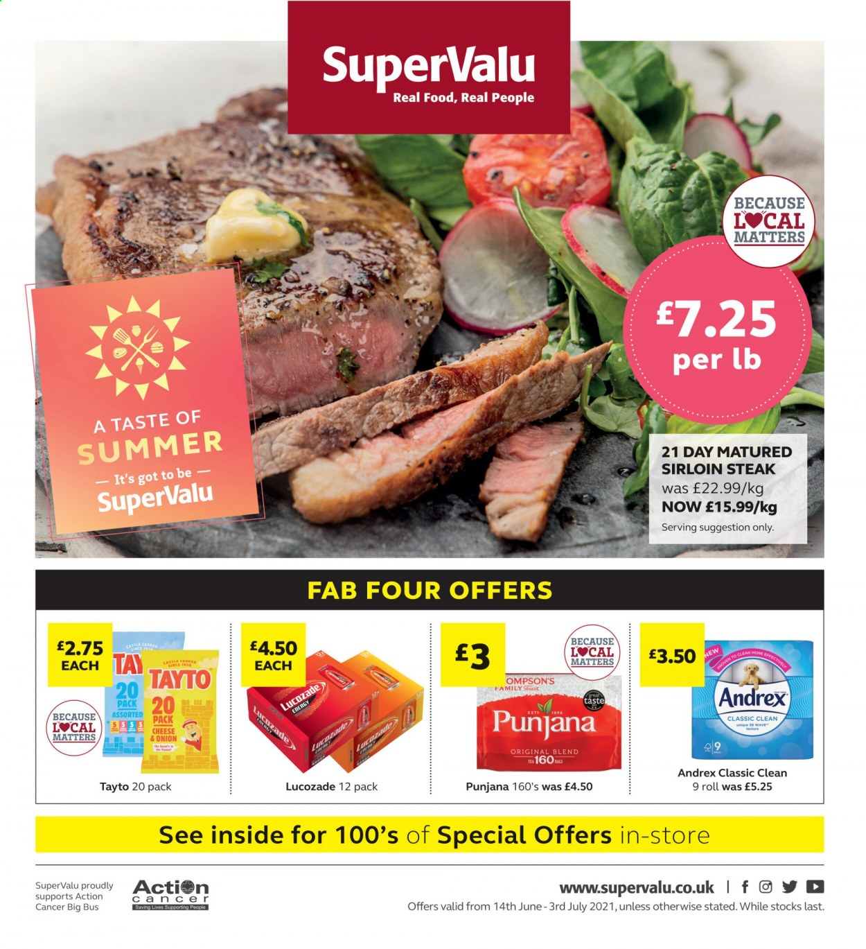 thumbnail - SuperValu offer  - 14/06/2021 - 03/07/2021 - Sales products - Castle, beef sirloin, steak, sirloin steak, Tayto, Lucozade, tea, Punjana, Fab, WAVE. Page 1.