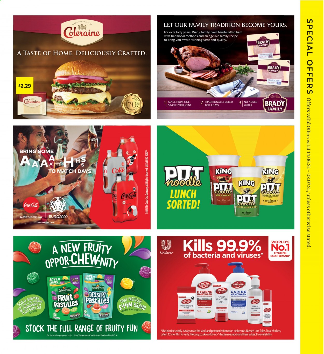 thumbnail - SuperValu offer  - 14/06/2021 - 03/07/2021 - Sales products - alcohol, noodles, ham, Nestlé, pastilles, Coca-Cola, wipes, hand wash, soap, Lifebuoy, pot. Page 7.