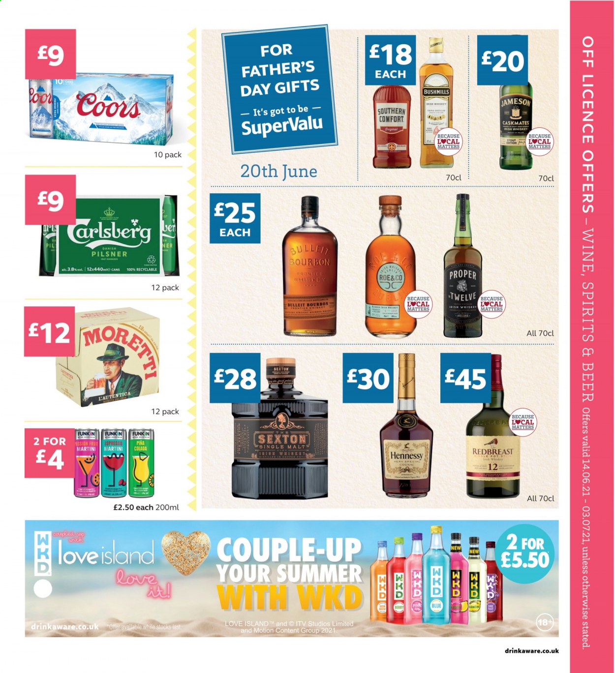 thumbnail - SuperValu offer  - 14/06/2021 - 03/07/2021 - Sales products - Coors, beer, malt, wine, bourbon, cognac, gin, whiskey, irish whiskey, Jameson, Hennessy, Martini, whisky, pot. Page 15.