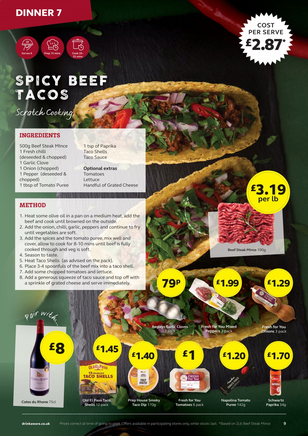 thumbnail - SuperValu offer  - Sales products - garlic, beef meat, beef steak, steak, Old El Paso, tacos, cheese, grated cheese, tomato sauce, tomato puree, chopped tomatoes, cloves, taco sauce, pan. Page 9.