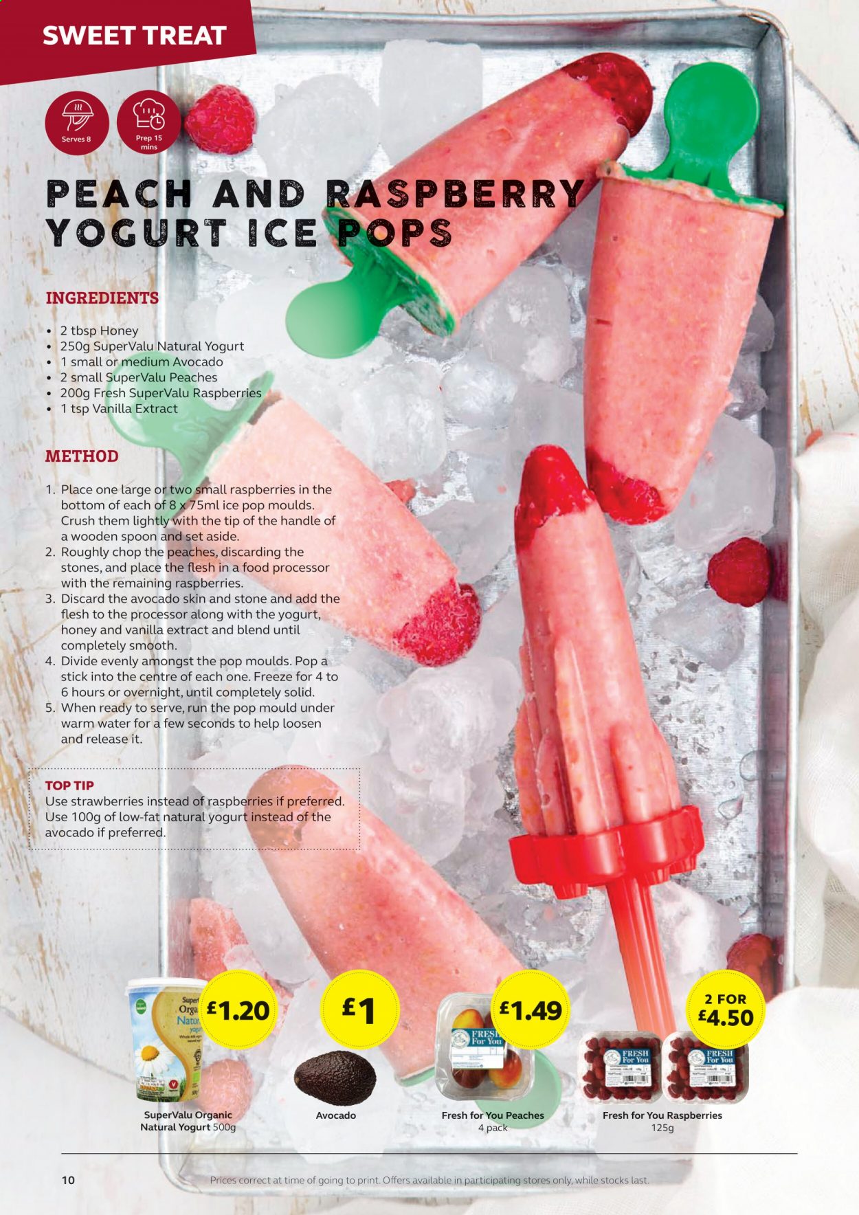 thumbnail - SuperValu offer  - Sales products - avocado, raspberries, strawberries, peaches, yoghurt, vanilla extract, honey, spoon. Page 10.