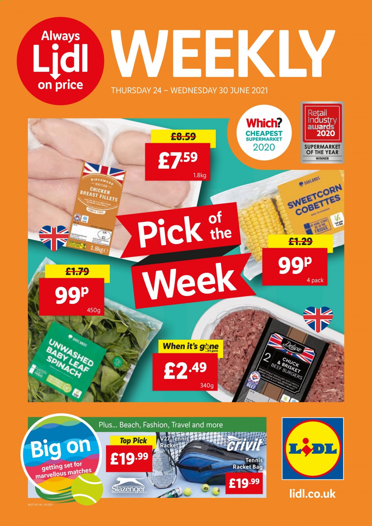 thumbnail - Lidl offer  - 24/06/2021 - 30/06/2021 - Sales products - Lack, Slazenger, Crivit, spinach, chicken breasts, chicken, hamburger, beef burger, bag. Page 1.