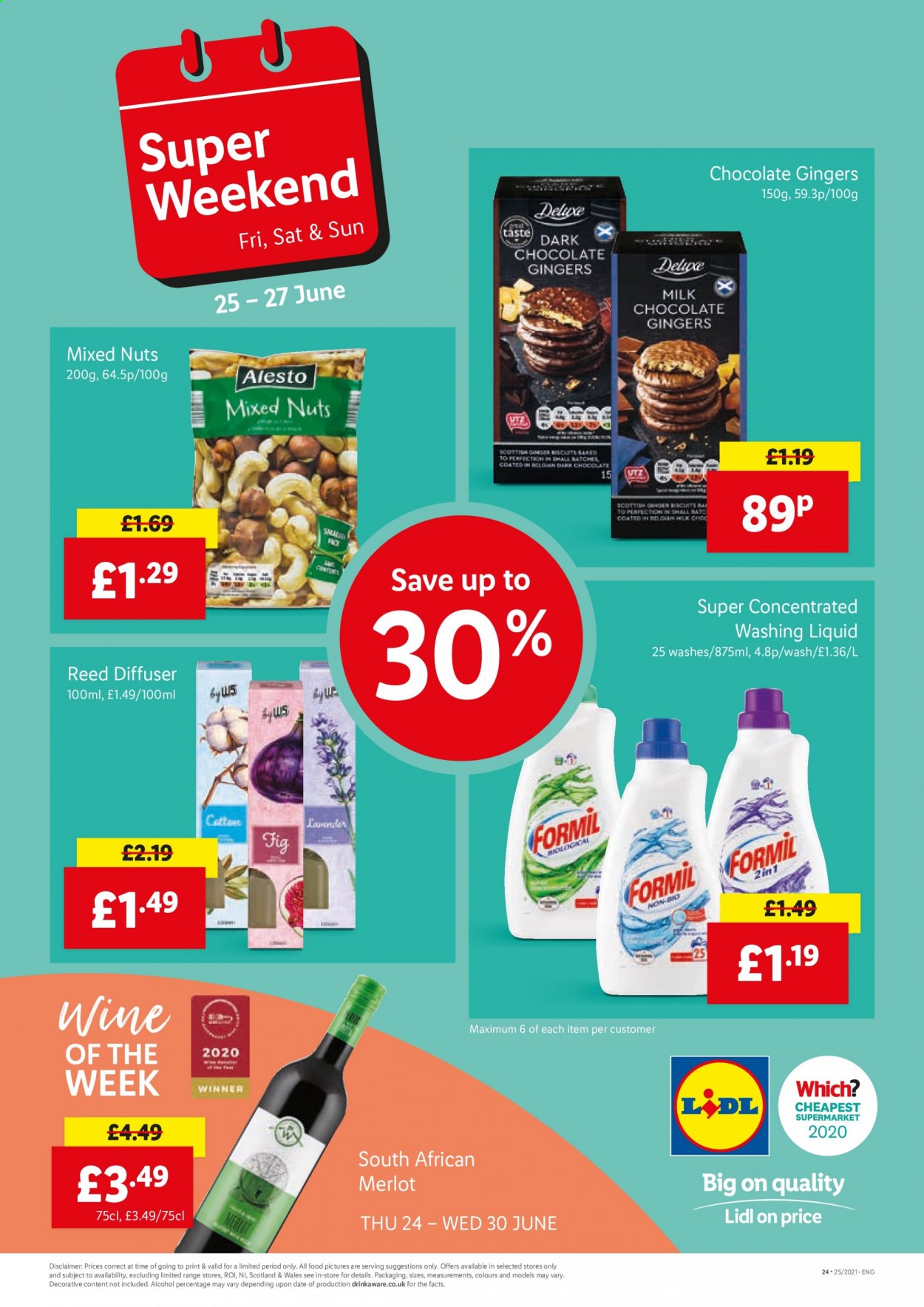 thumbnail - Lidl offer  - 24/06/2021 - 30/06/2021 - Sales products - alcohol, milk, chocolate, dark chocolate, mixed nuts, red wine, wine, Merlot, diffuser. Page 24.