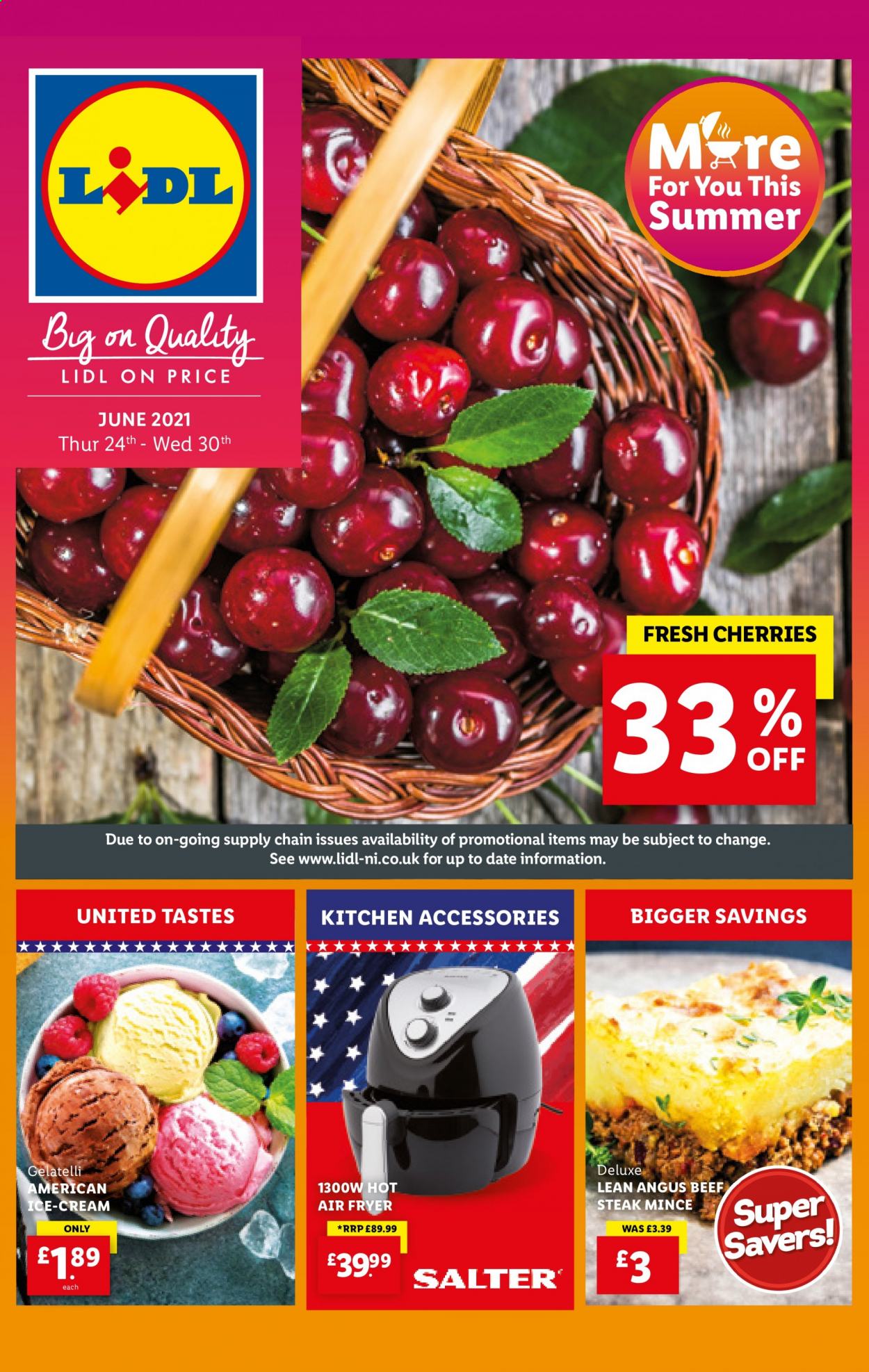 thumbnail - Lidl offer  - 24/06/2021 - 30/06/2021 - Sales products - cherries, beef meat, beef steak, steak, air fryer. Page 1.