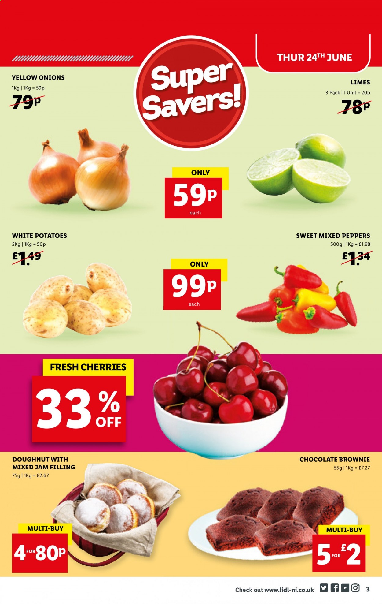thumbnail - Lidl offer  - 24/06/2021 - 30/06/2021 - Sales products - potatoes, onion, peppers, limes, cherries, brownies, donut, chocolate, fruit jam. Page 3.