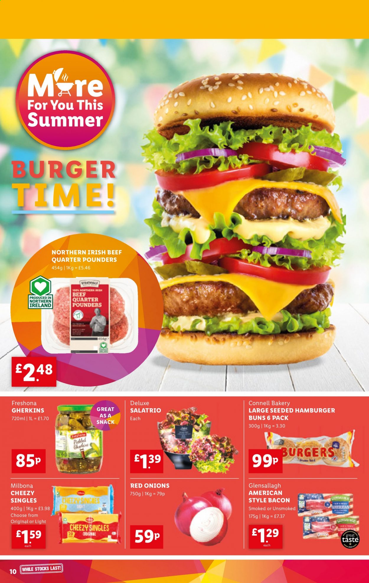 thumbnail - Lidl offer  - 24/06/2021 - 30/06/2021 - Sales products - red onions, onion, hamburger, buns, bacon, snack. Page 10.