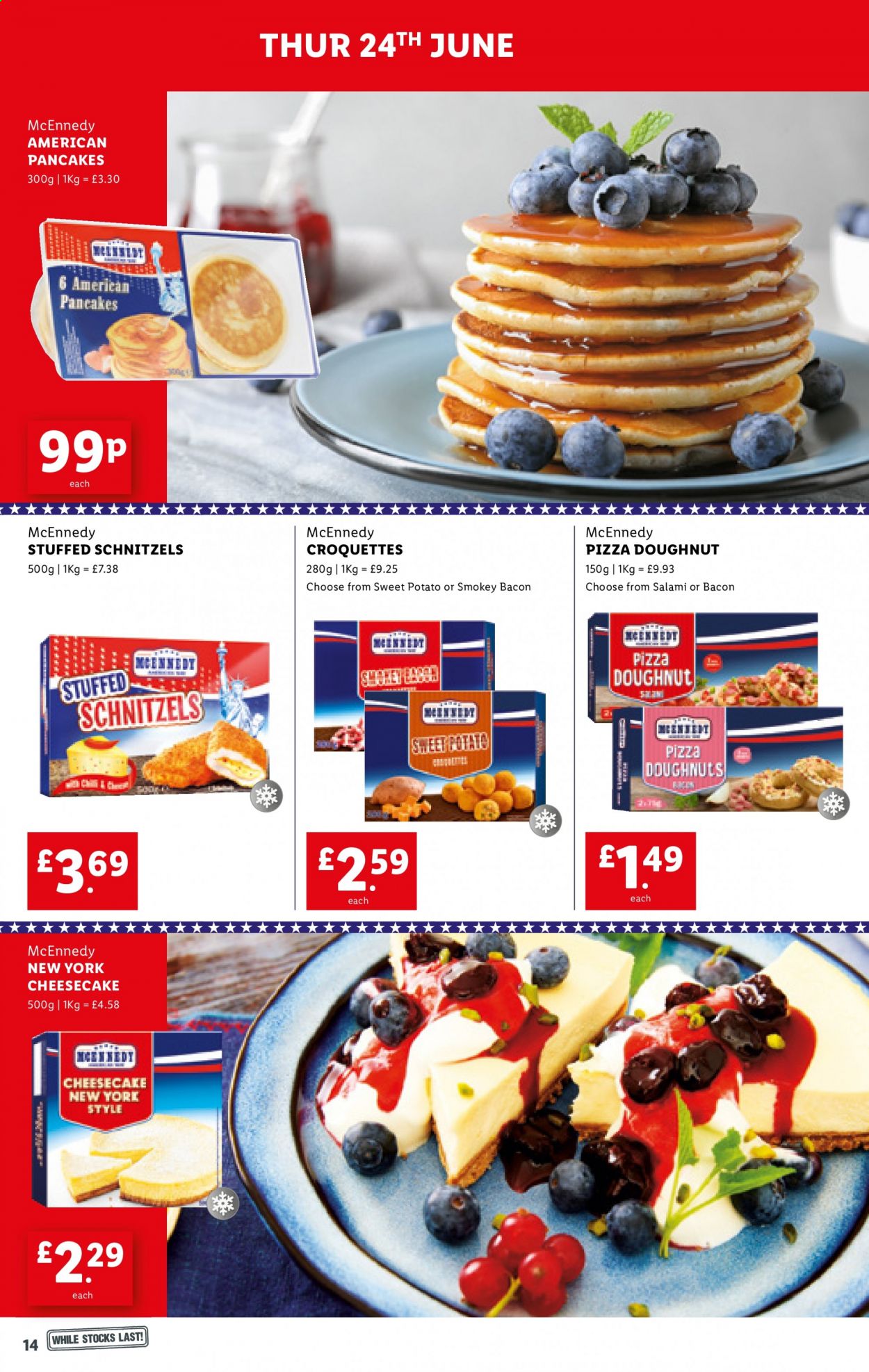 thumbnail - Lidl offer  - 24/06/2021 - 30/06/2021 - Sales products - sweet potato, cheesecake, donut, pizza, pancakes, bacon, salami, potato croquettes. Page 14.