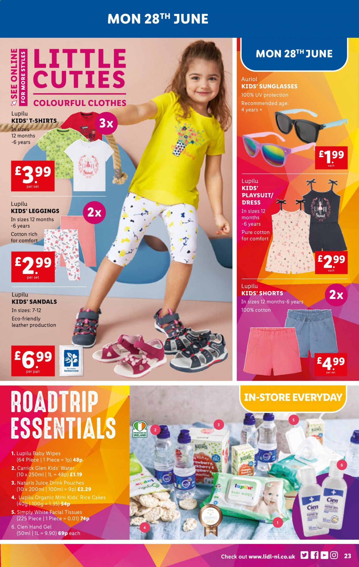 thumbnail - Lidl offer  - 24/06/2021 - 30/06/2021 - Sales products - sandals, Lupilu, rice, juice, wipes, baby wipes, tissues, facial tissues, hand gel, shorts, dress, t-shirt, leggings, sunglasses. Page 23.