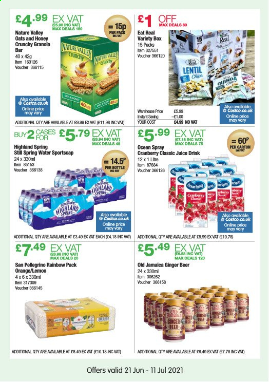 thumbnail - Costco offer  - 21/06/2021 - 11/07/2021 - Sales products - ginger beer, beer, oranges, oats, granola, granola bar, Nature Valley, honey, juice, spring water, San Pellegrino, REAL NATURE. Page 20.
