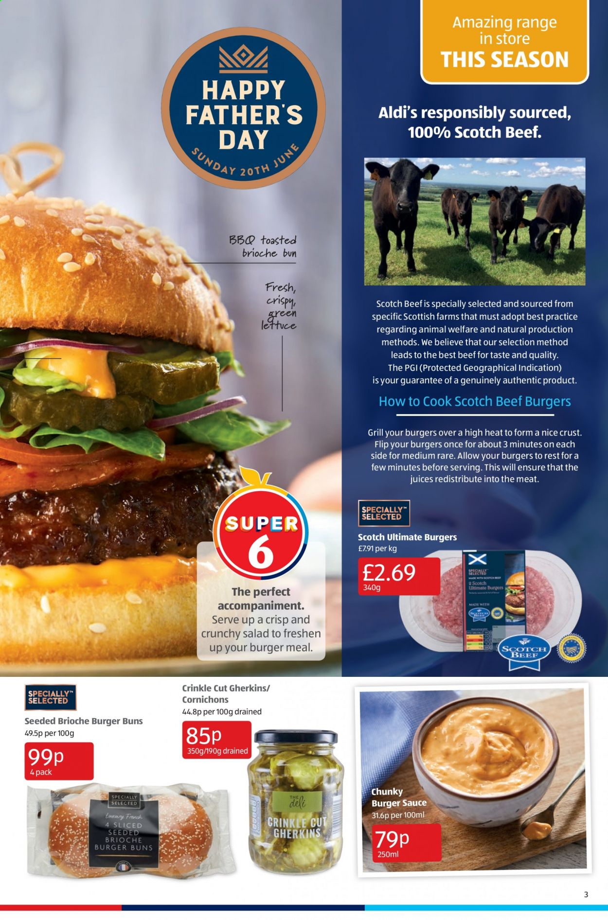 thumbnail - Aldi offer  - 20/06/2021 - 27/06/2021 - Sales products - lettuce, buns, burger buns, brioche, sauce, beef burger, juice. Page 3.