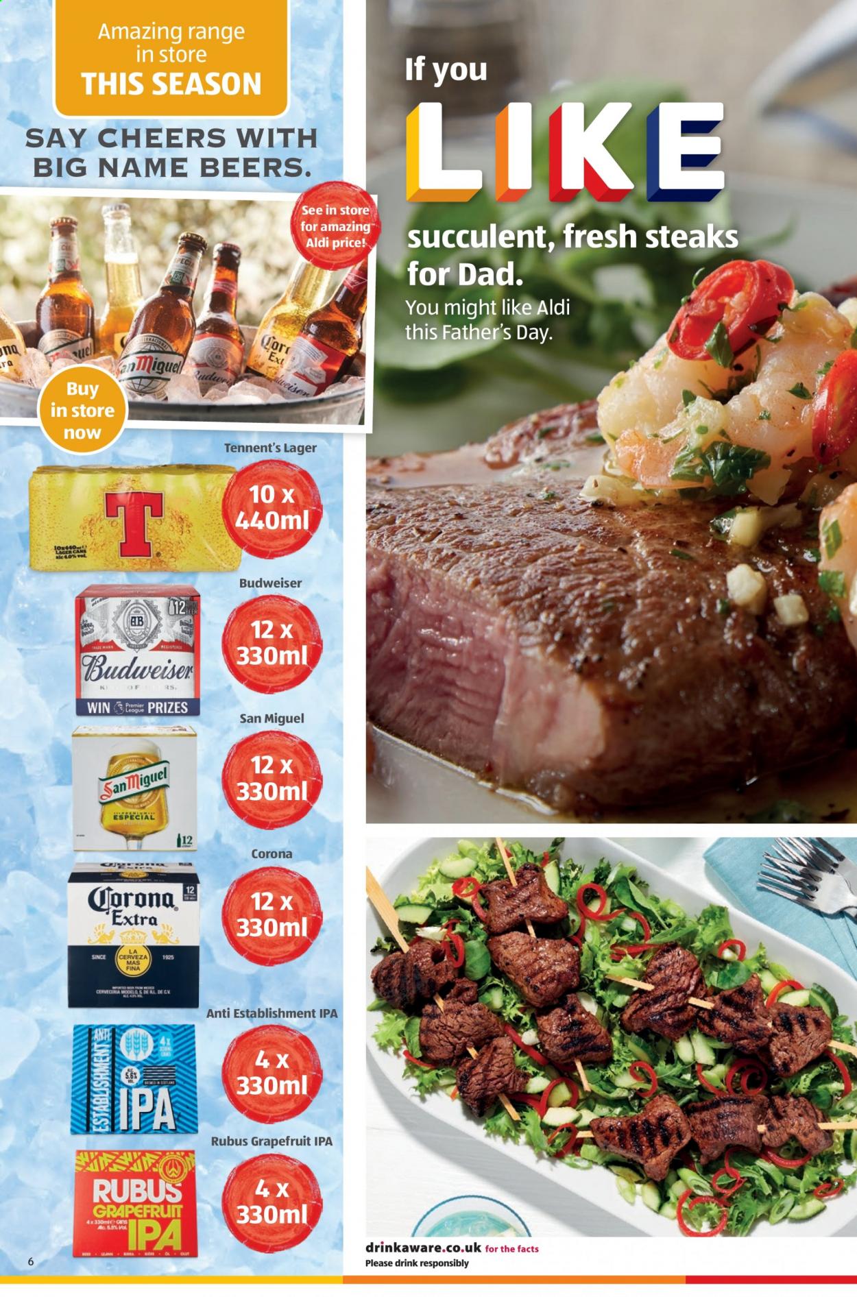 thumbnail - Aldi offer  - 20/06/2021 - 27/06/2021 - Sales products - Budweiser, Corona Extra, beer, San Miguel, Lager, IPA, grapefruits, steak, succulent. Page 6.